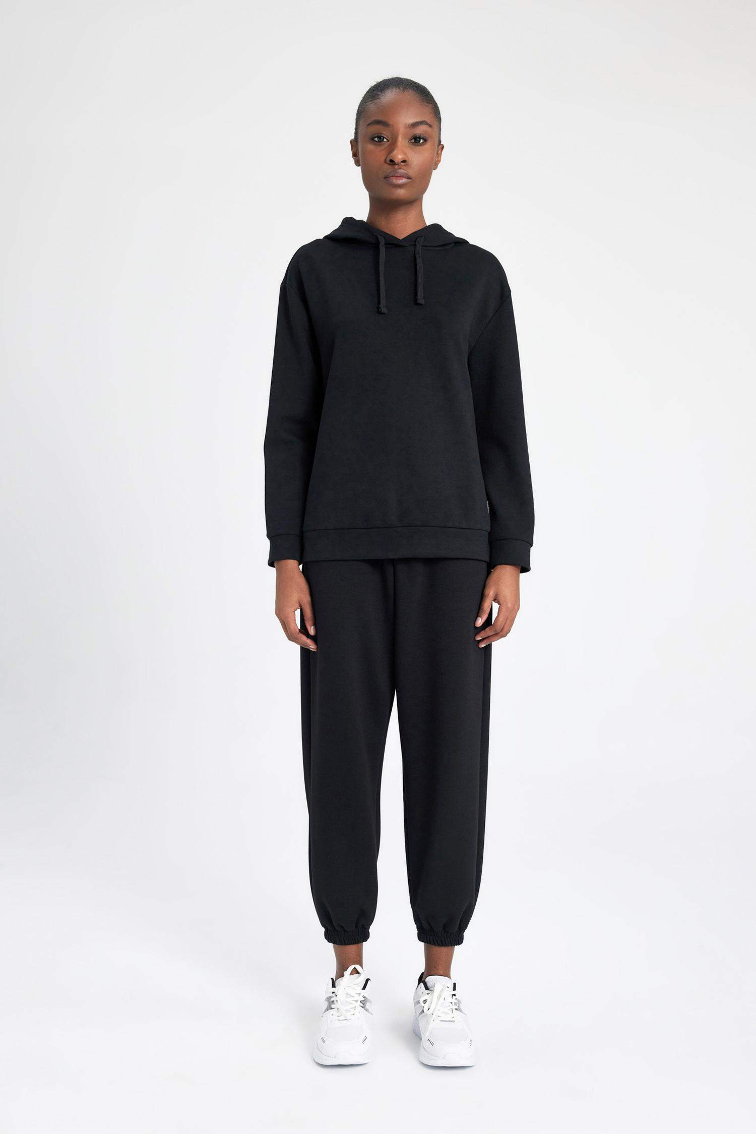 Standard Fit Hooded Belt Printed Scuba Fabric Basic Sweatshirt