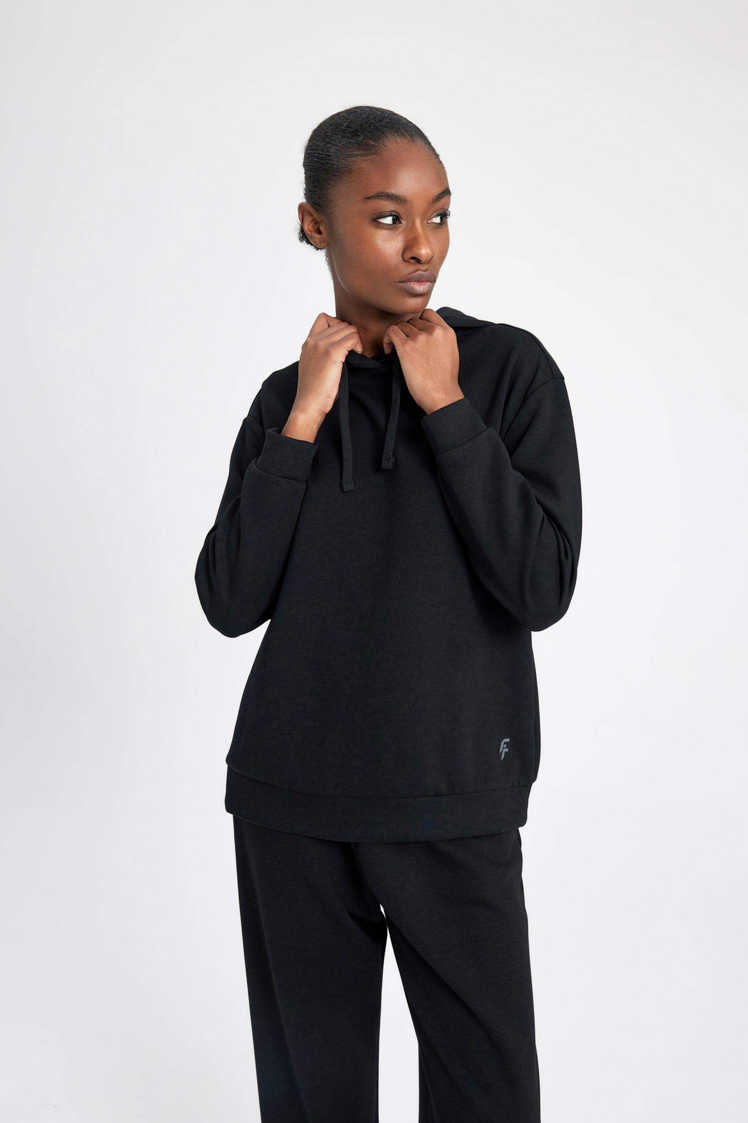 Standard Fit Hooded Belt Printed Scuba Fabric Basic Sweatshirt