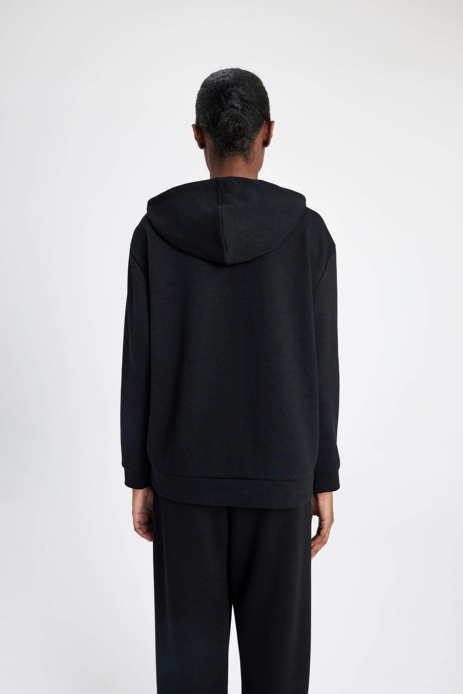 Standard Fit Hooded Belt Printed Scuba Fabric Basic Sweatshirt