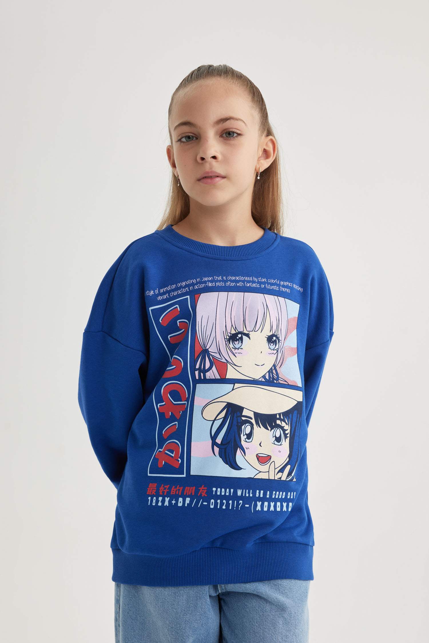 Kız Çocuk Relax Fit Bisiklet Yaka Baskılı Sweatshirt