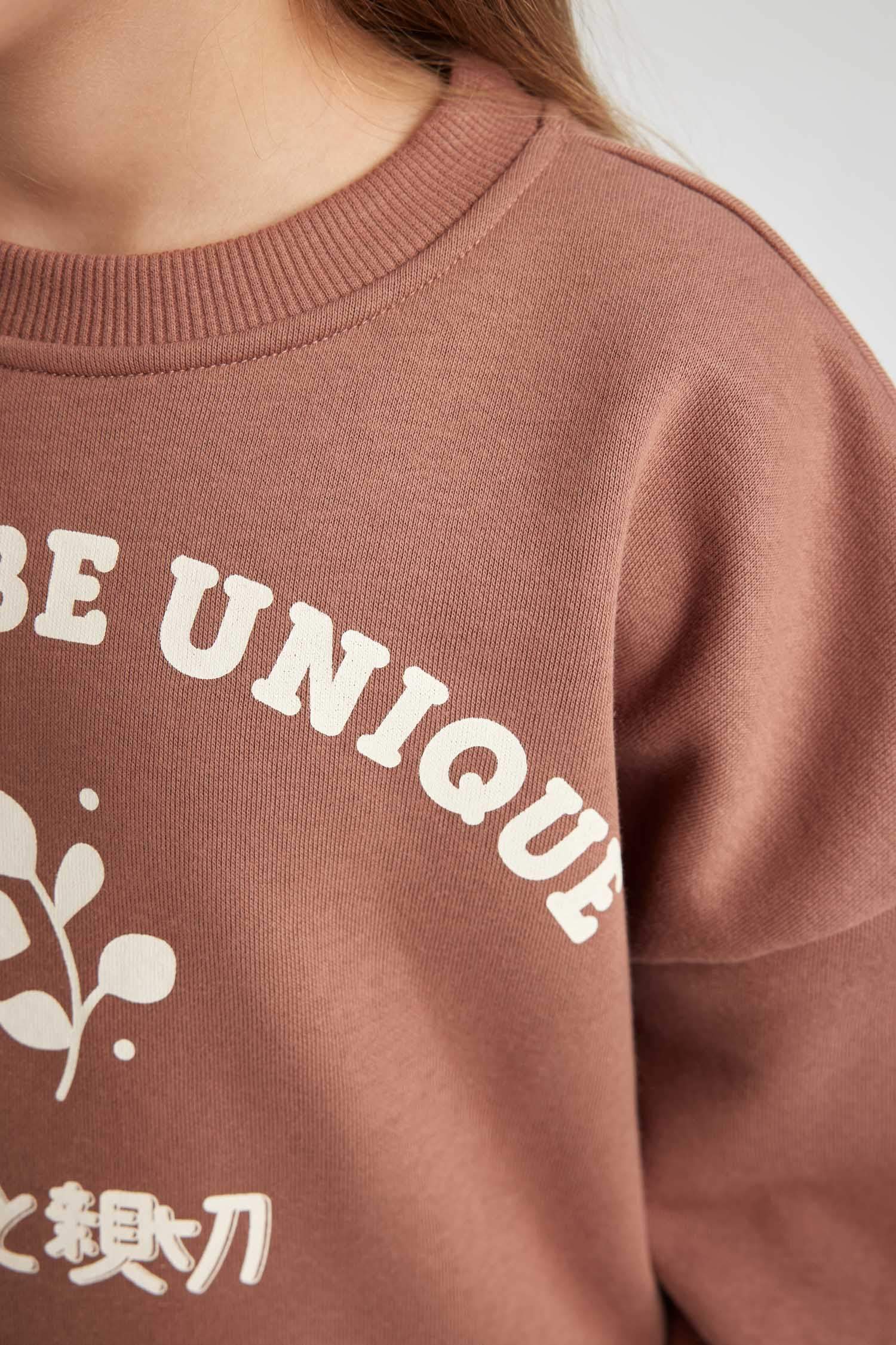 Kız Çocuk Relax Fit Bisiklet Yaka Baskılı Kalın Sweatshirt