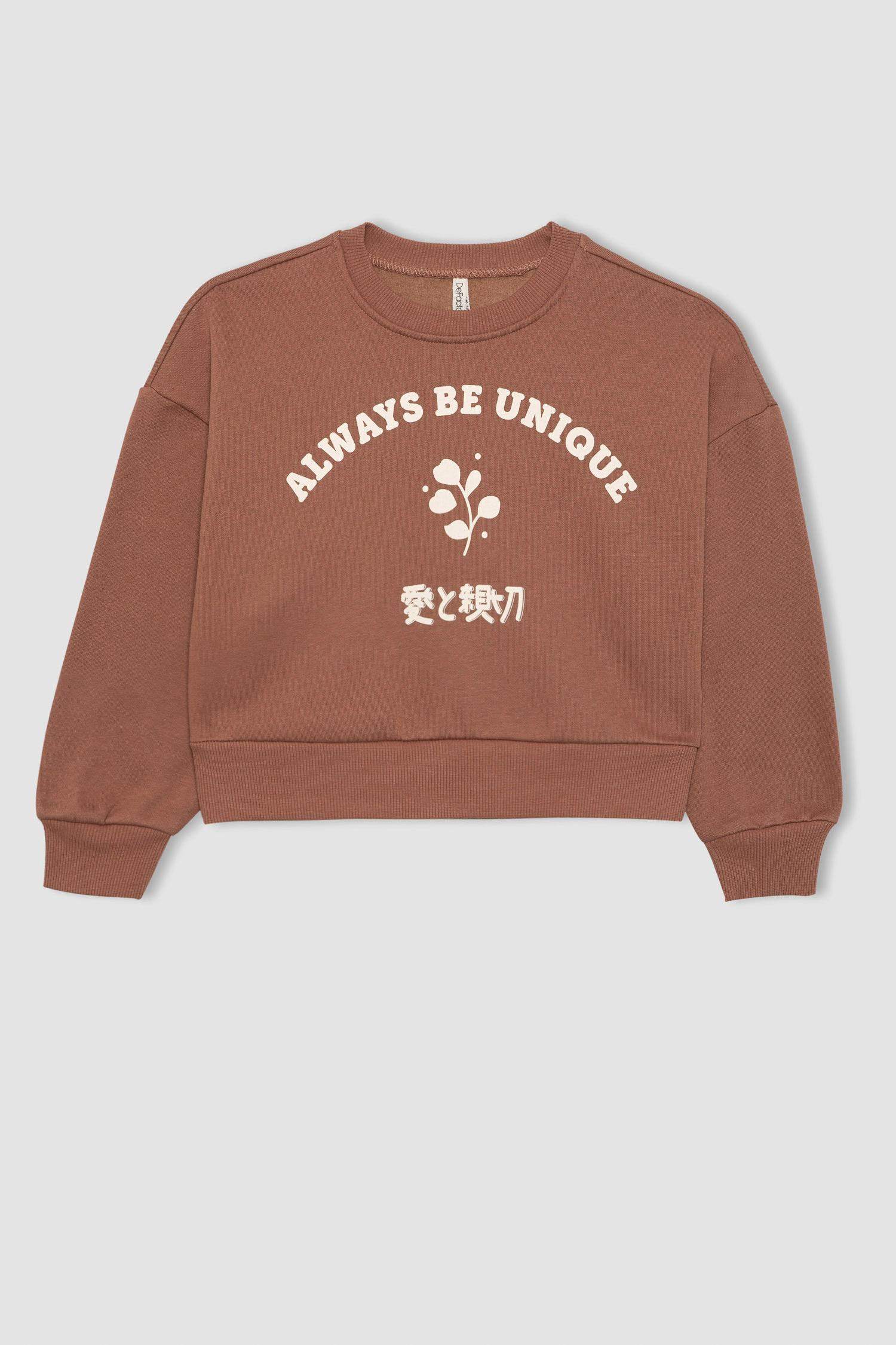 Kız Çocuk Relax Fit Bisiklet Yaka Baskılı Kalın Sweatshirt