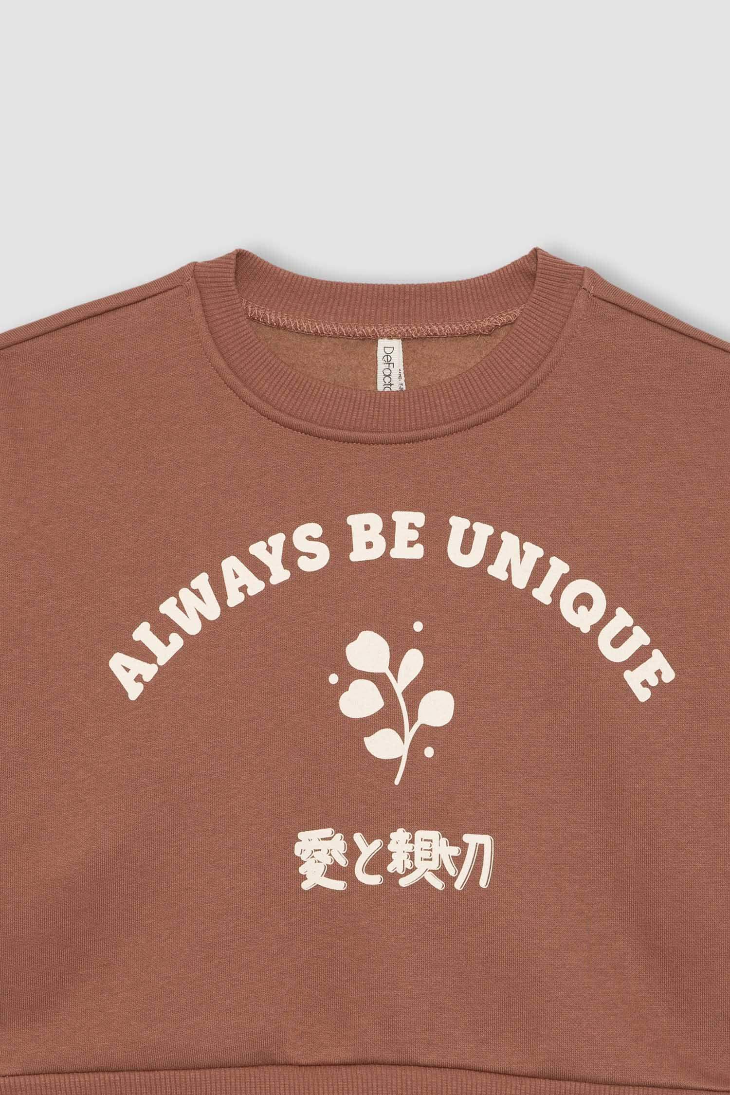 Kız Çocuk Relax Fit Bisiklet Yaka Baskılı Kalın Sweatshirt