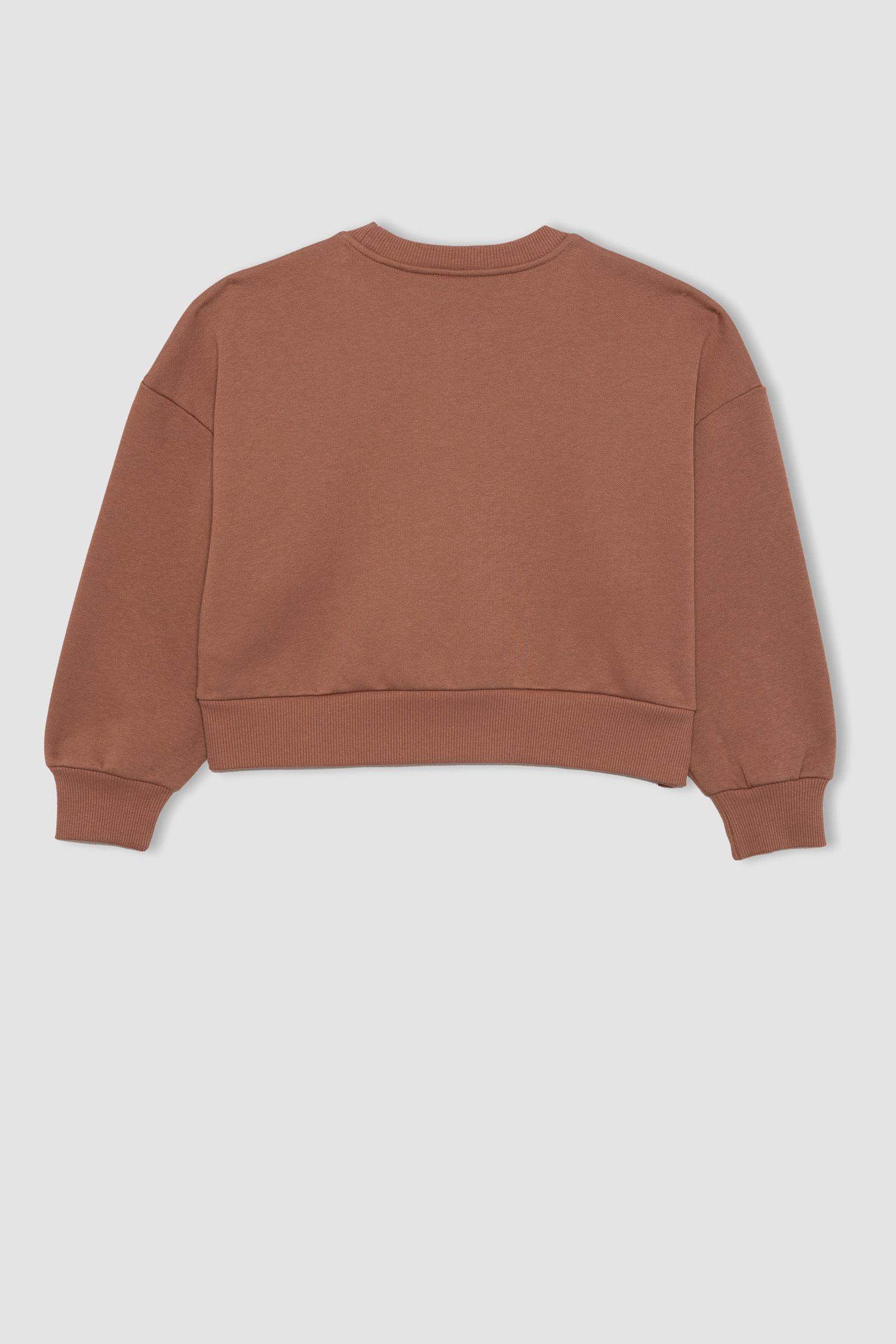 Kız Çocuk Relax Fit Bisiklet Yaka Baskılı Kalın Sweatshirt