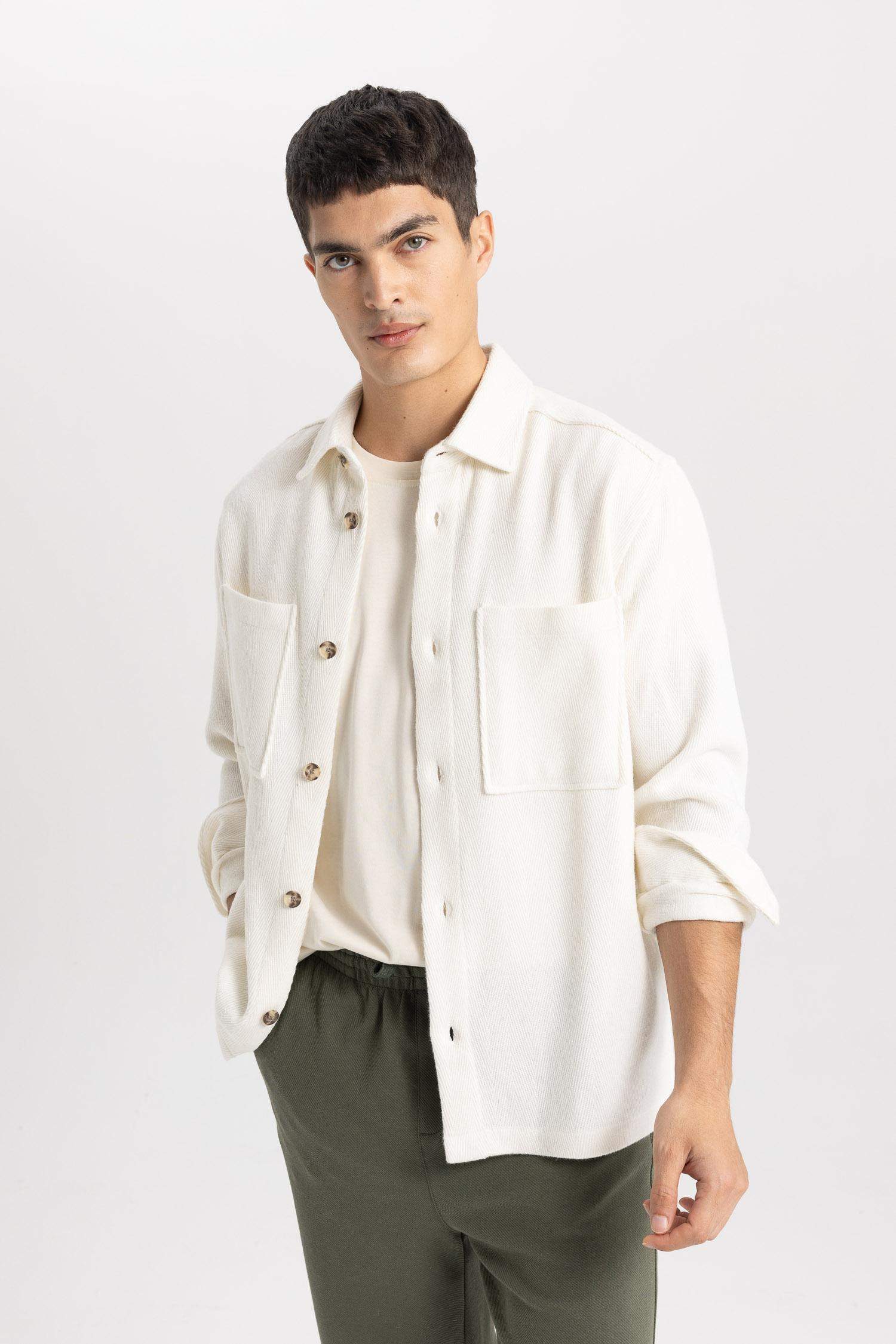 Regular Fit Polo Collar Cotton Long Sleeve Shirt Jacket