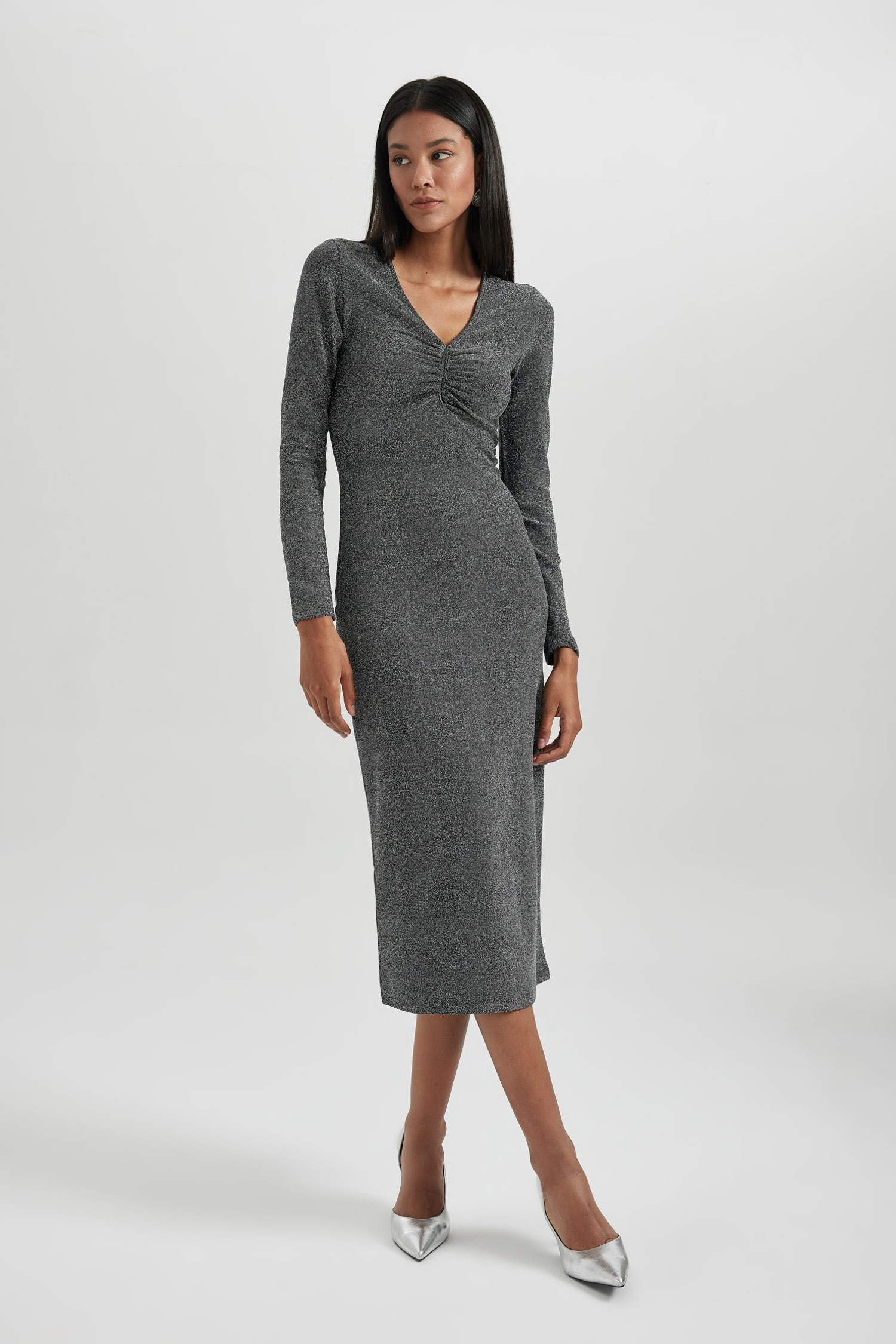 Grey WOMEN Bodycon VNeck Sequined Fabric Midi Long Sleeve Dress