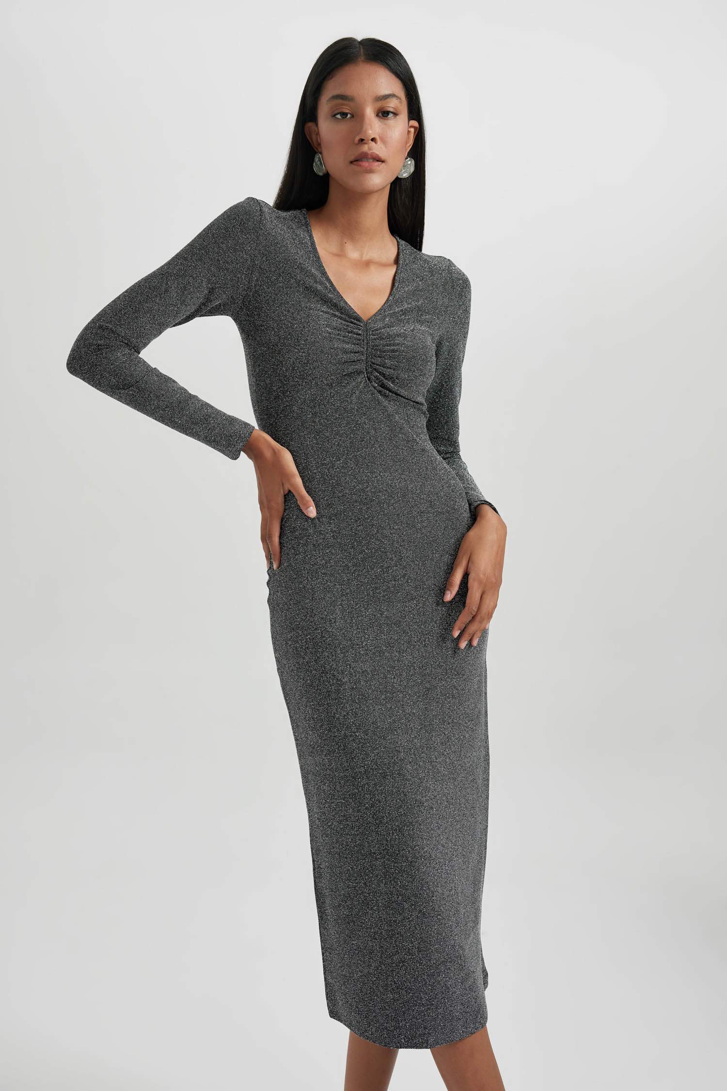 Grey WOMEN Bodycon VNeck Sequined Fabric Midi Long Sleeve Dress
