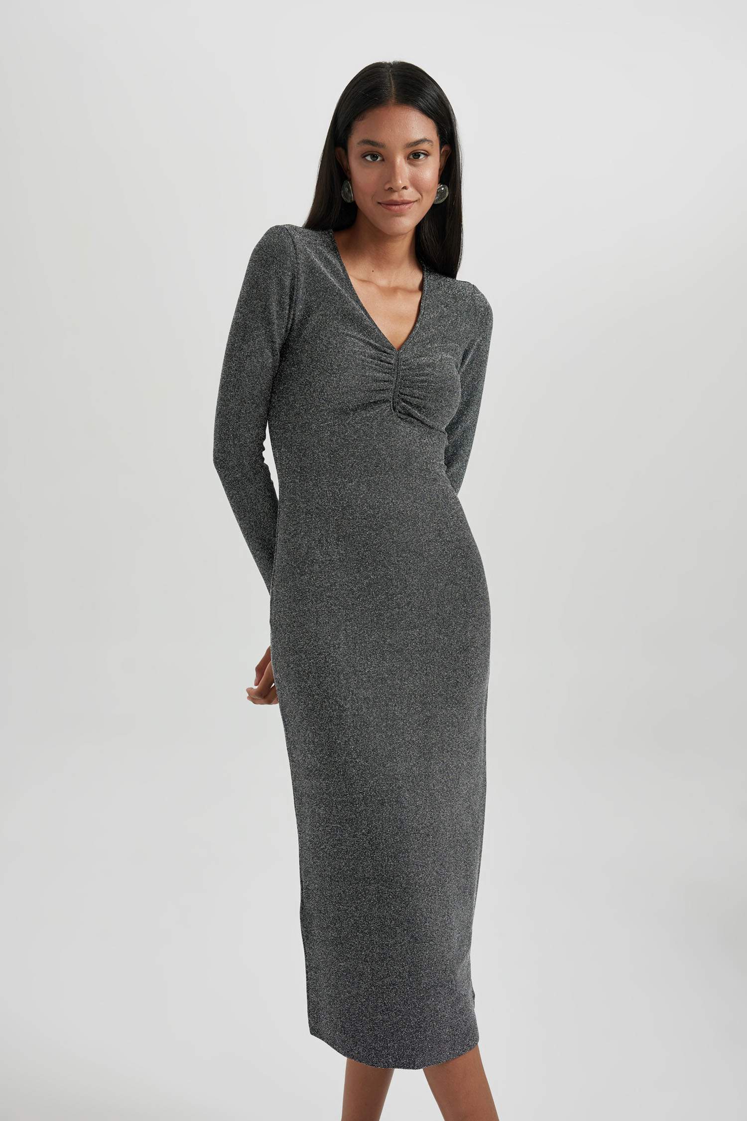 Grey WOMEN Bodycon VNeck Sequined Fabric Midi Long Sleeve Dress