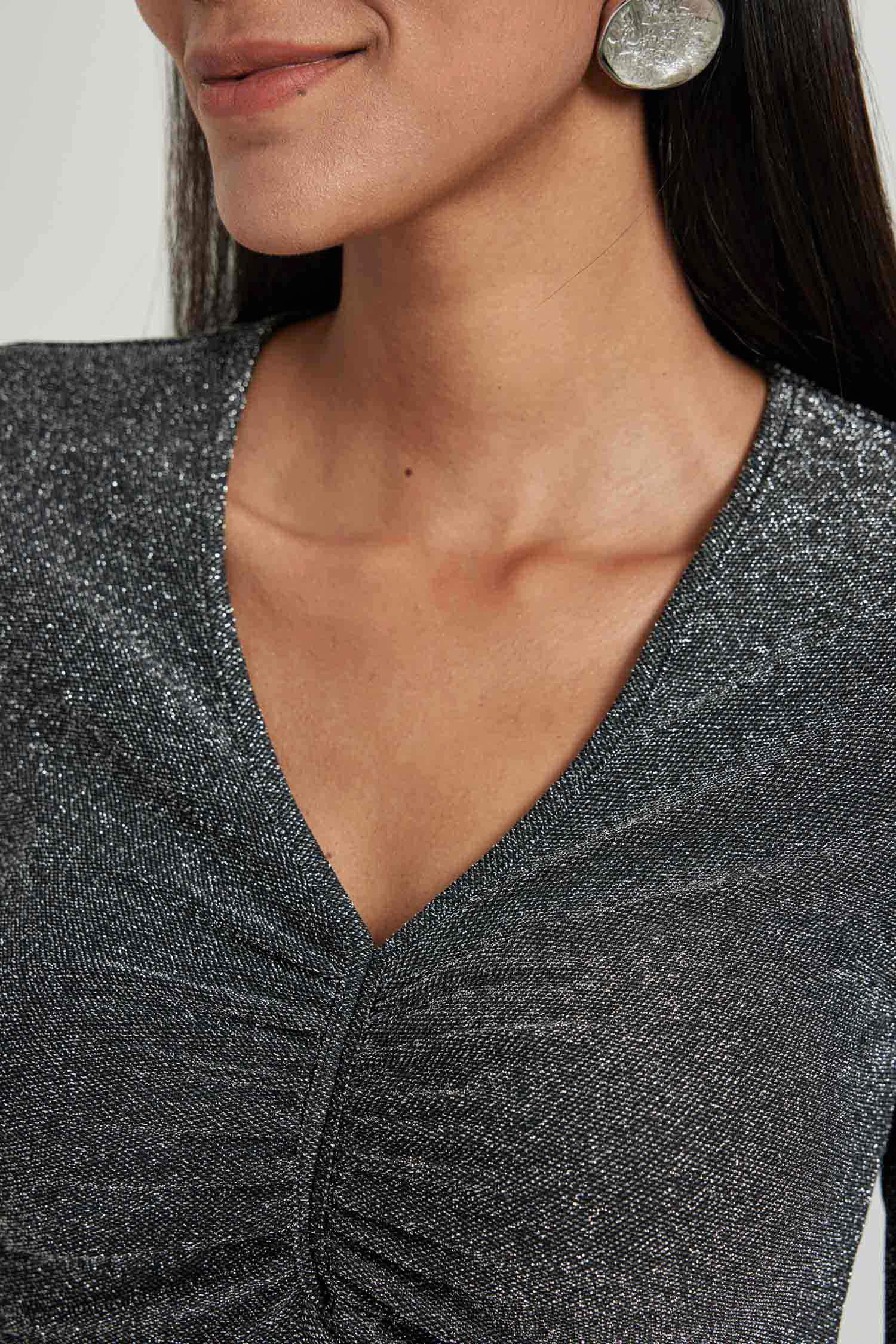 Bodycon Vücudu Saran V Yaka Payetli Kumaş Midi Uzun Kollu Elbise