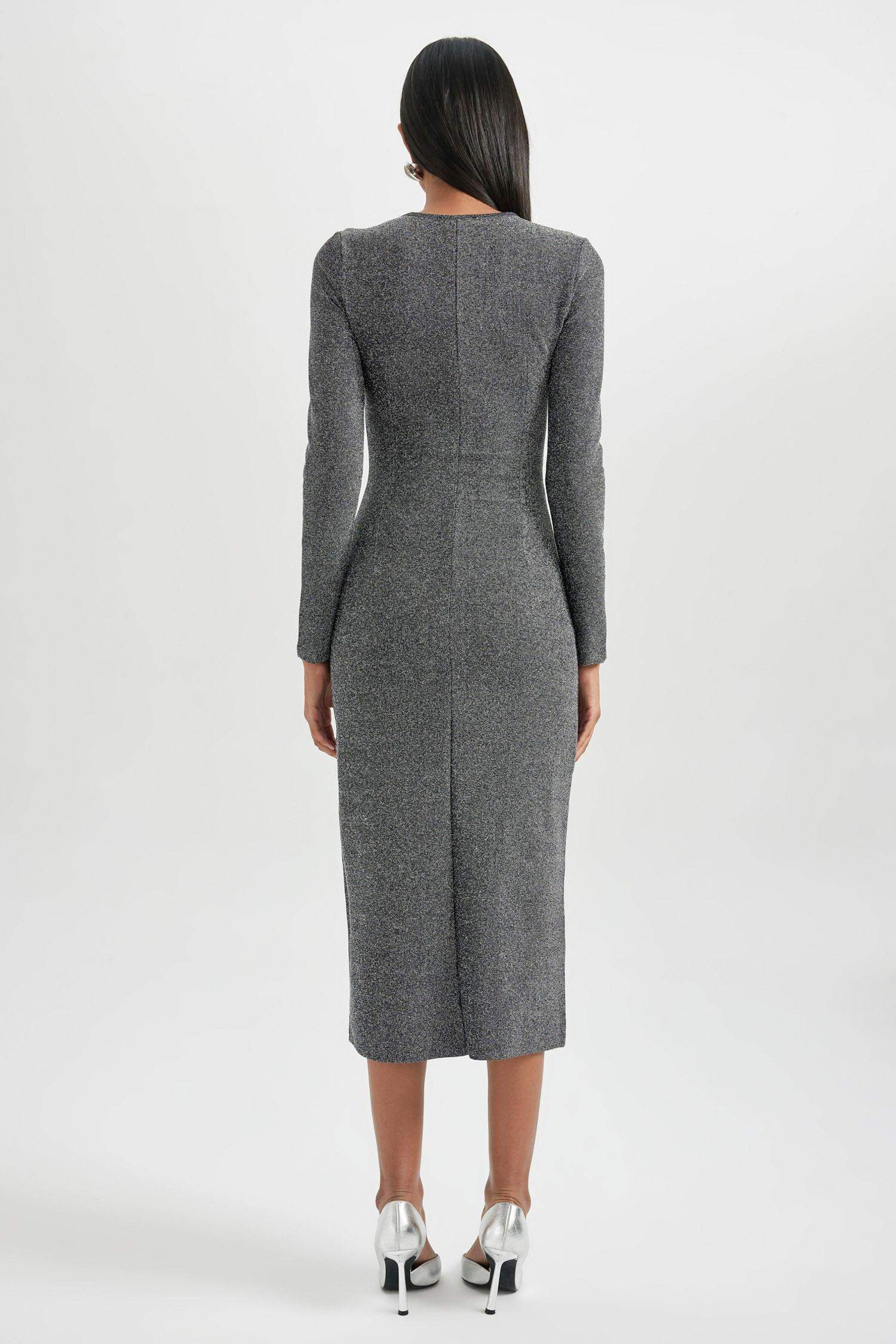 Bodycon Vücudu Saran V Yaka Payetli Kumaş Midi Uzun Kollu Elbise