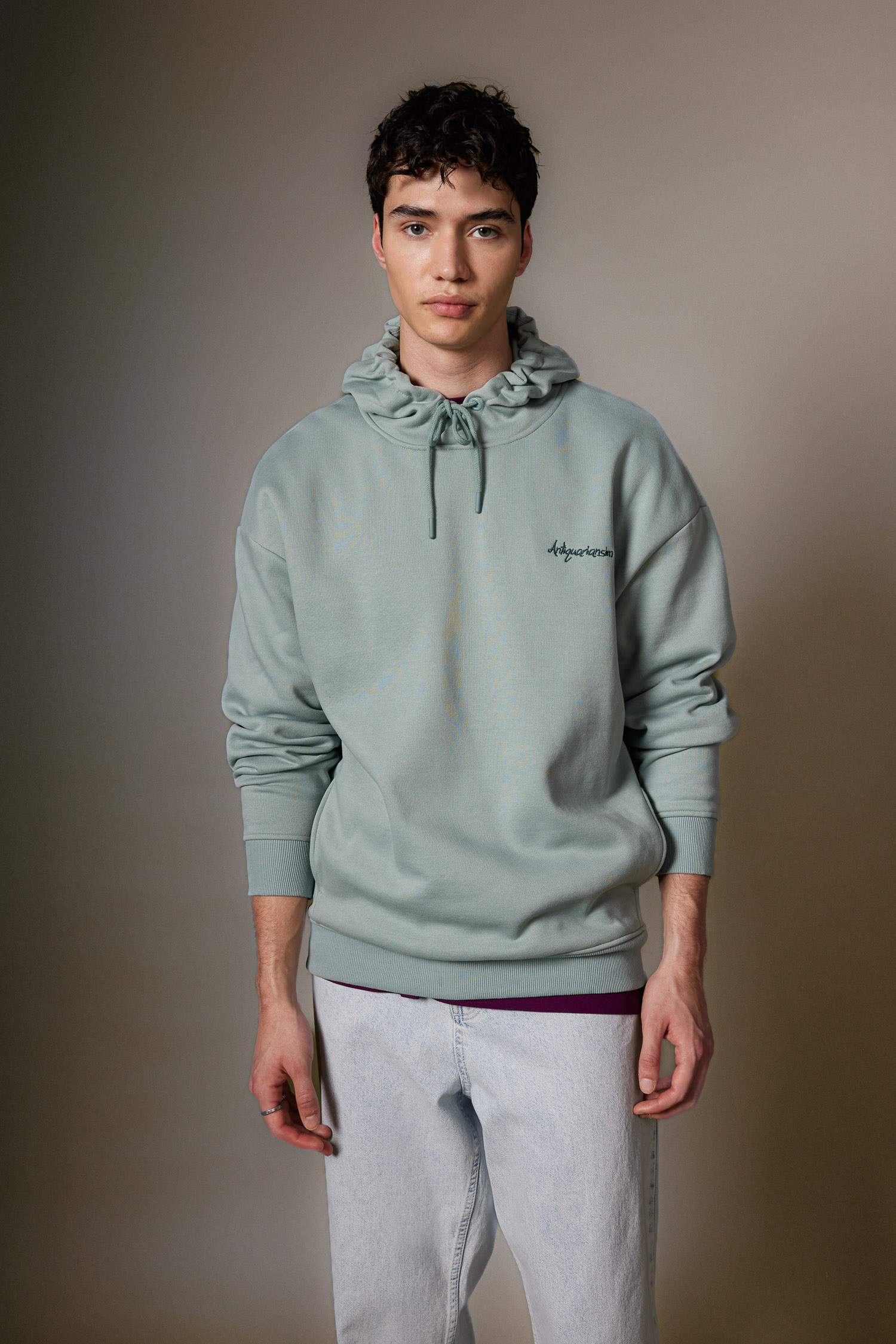 Oversize Fit Back Printed Hooded Pocket Sweatshirt