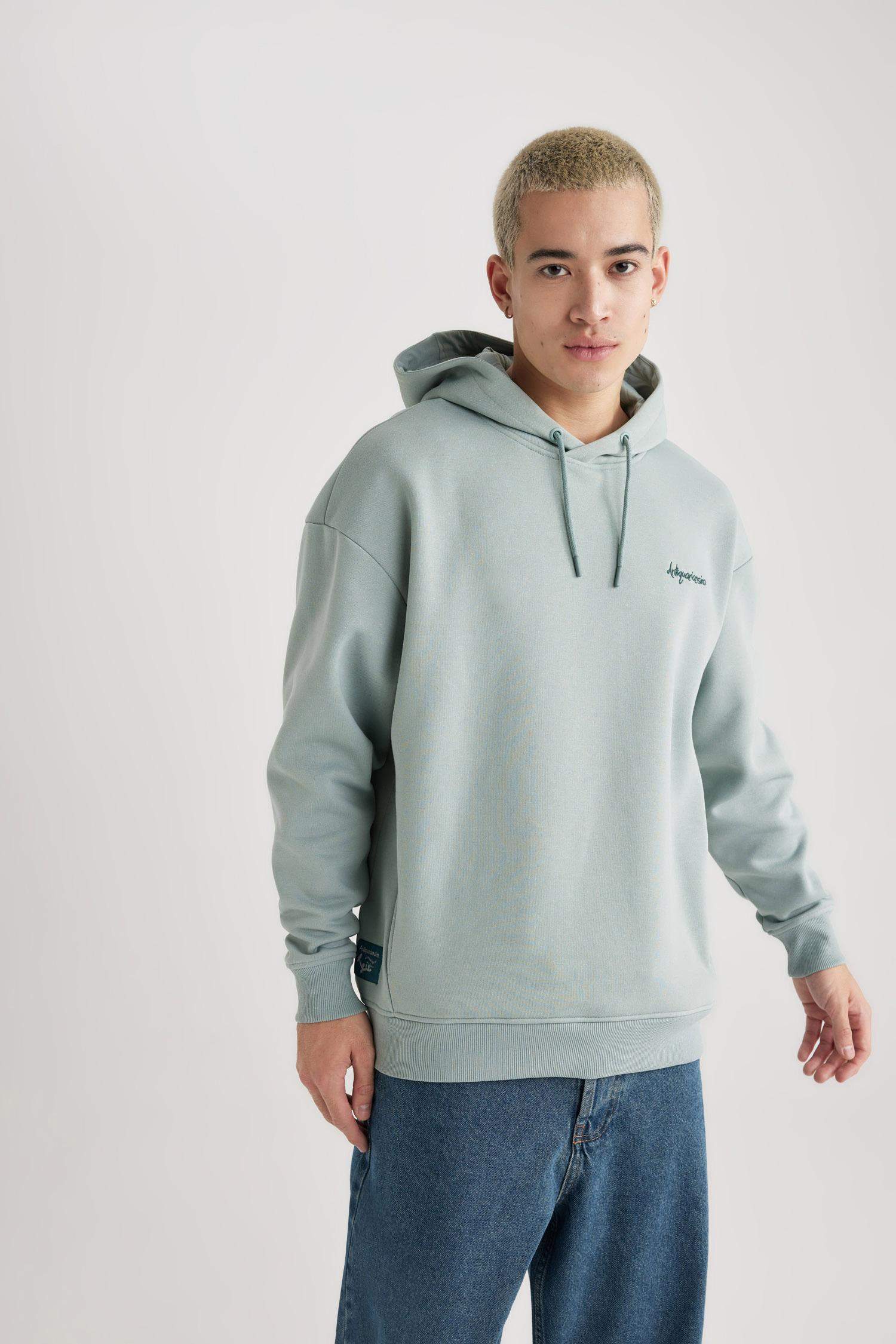 Oversize Fit Back Printed Hooded Pocket Sweatshirt