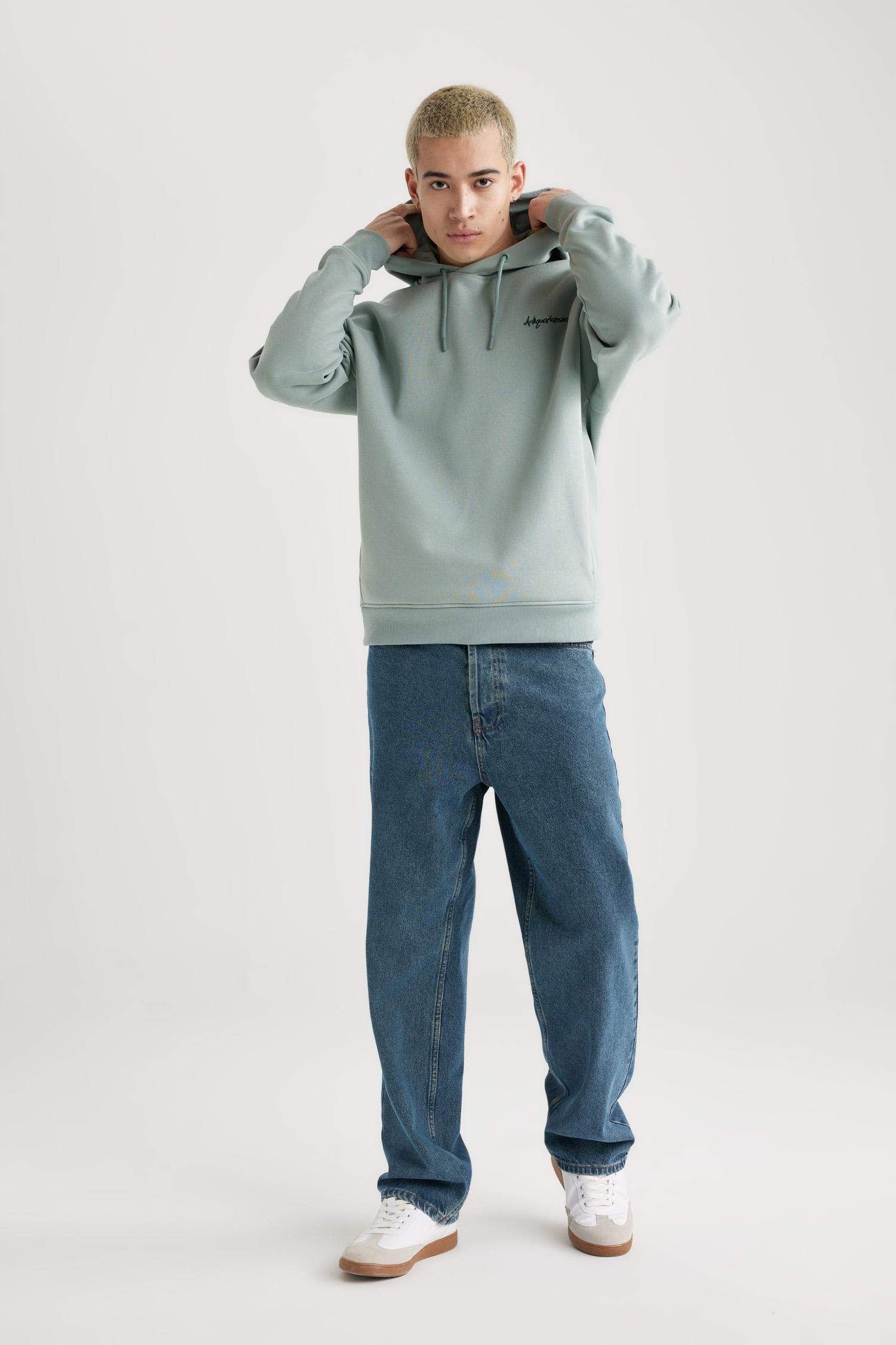 Oversize Fit Back Printed Hooded Pocket Sweatshirt