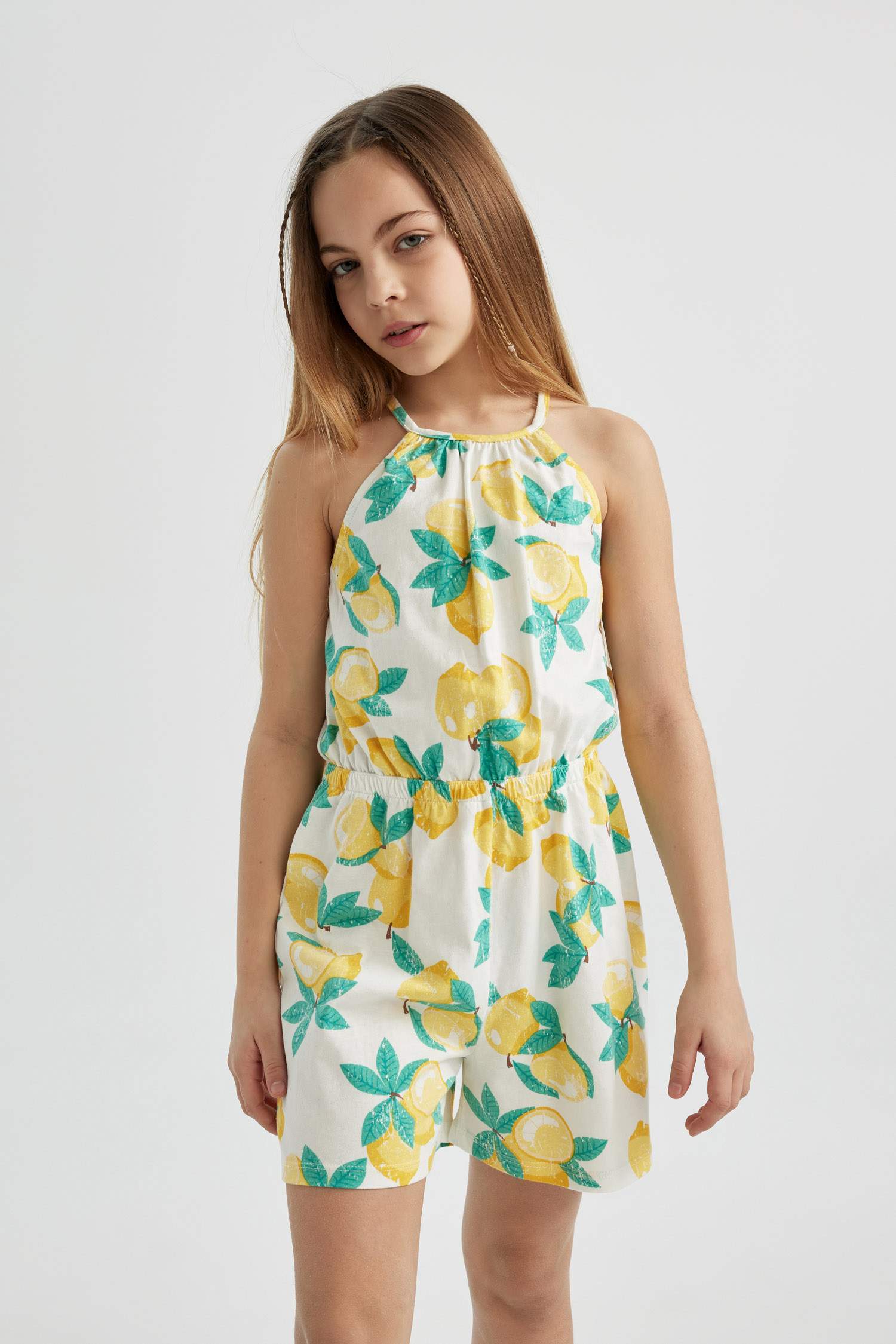 Girl Strappy Lemon Patterned Cotton Short Jumpsuit