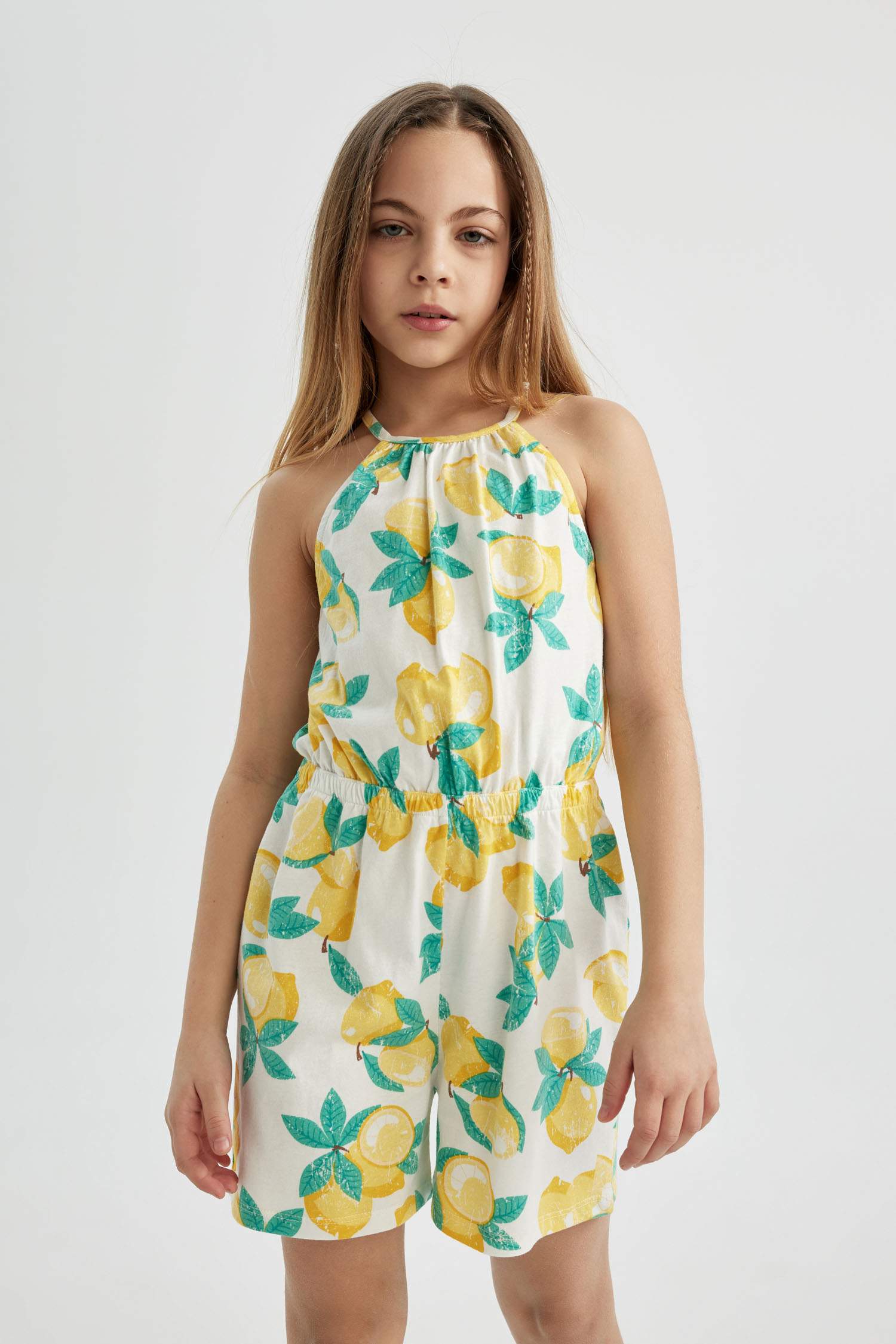 Girl Strappy Lemon Patterned Cotton Short Jumpsuit