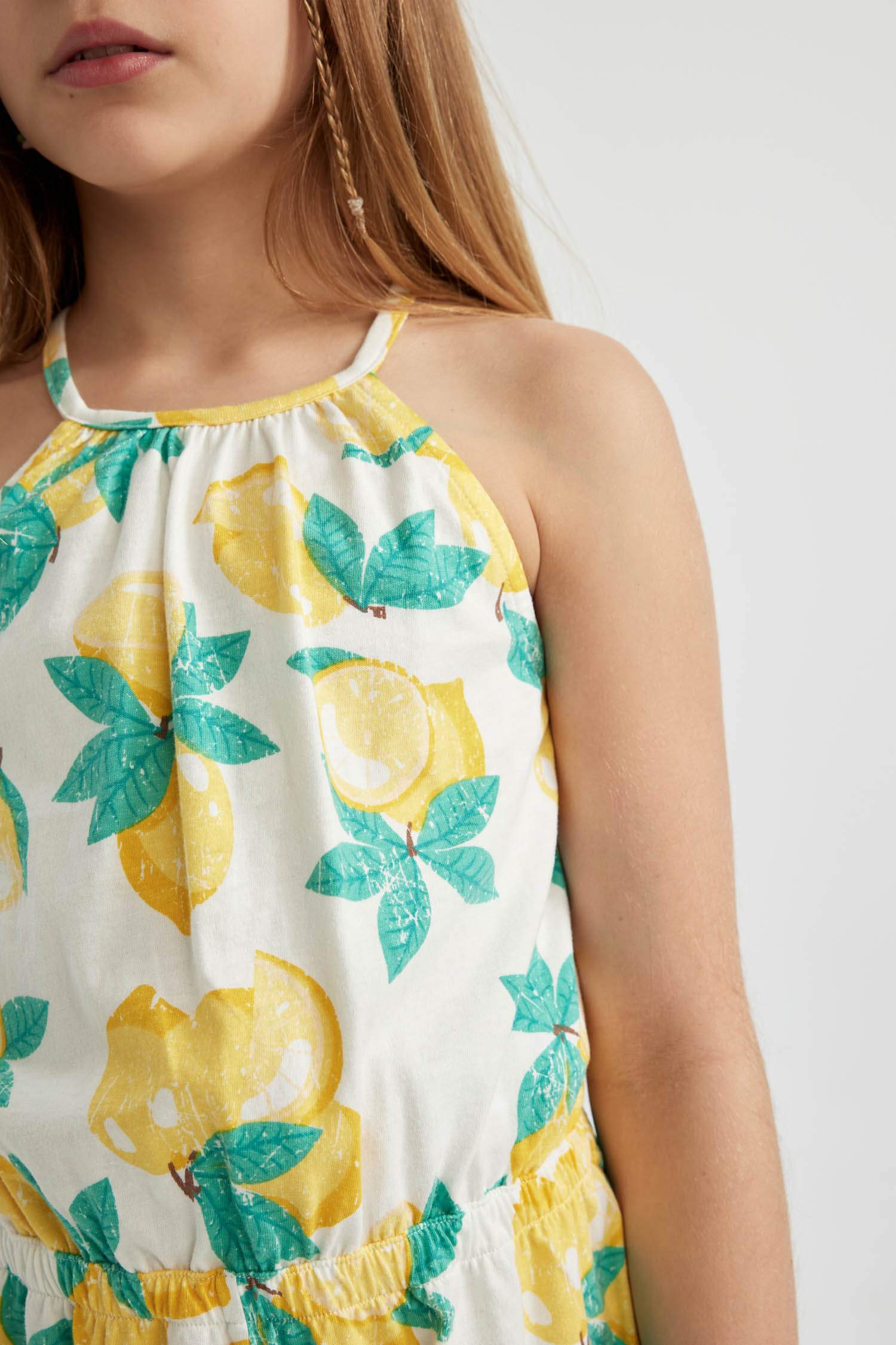 Girl Strappy Lemon Patterned Cotton Short Jumpsuit