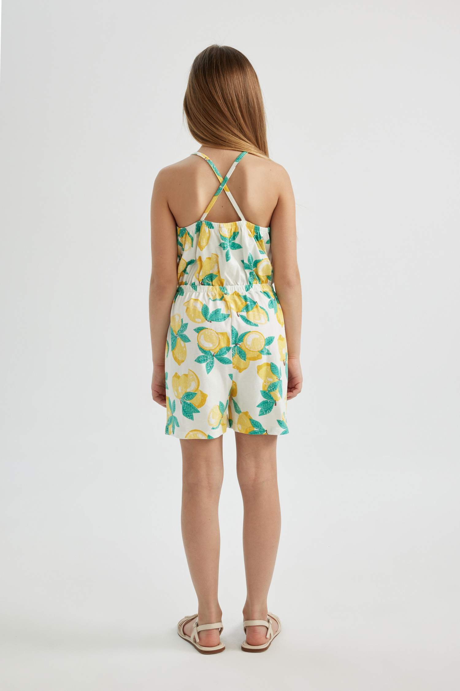 Girl Strappy Lemon Patterned Cotton Short Jumpsuit