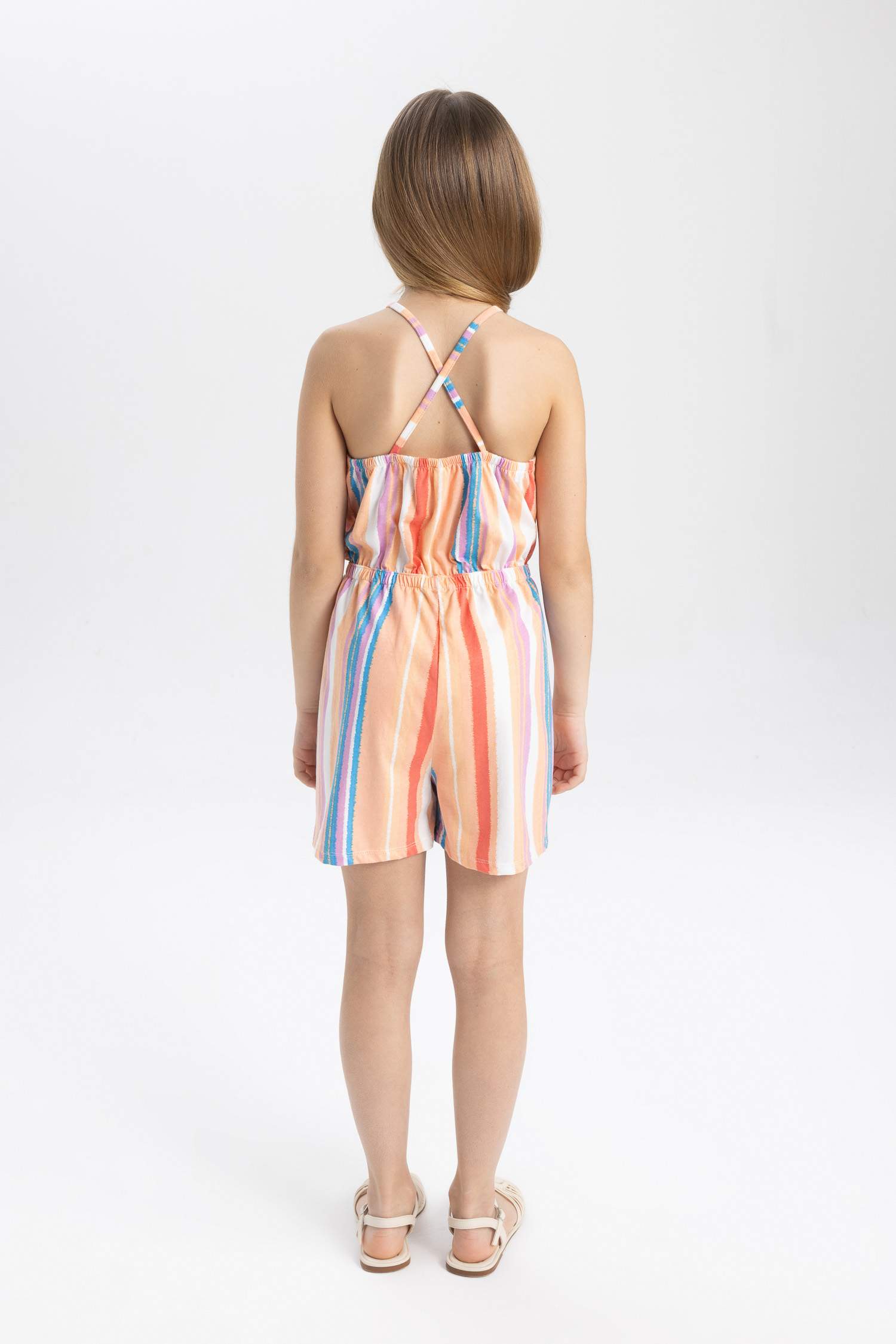 Girl Strappy Patterned Cotton Short Jumpsuit