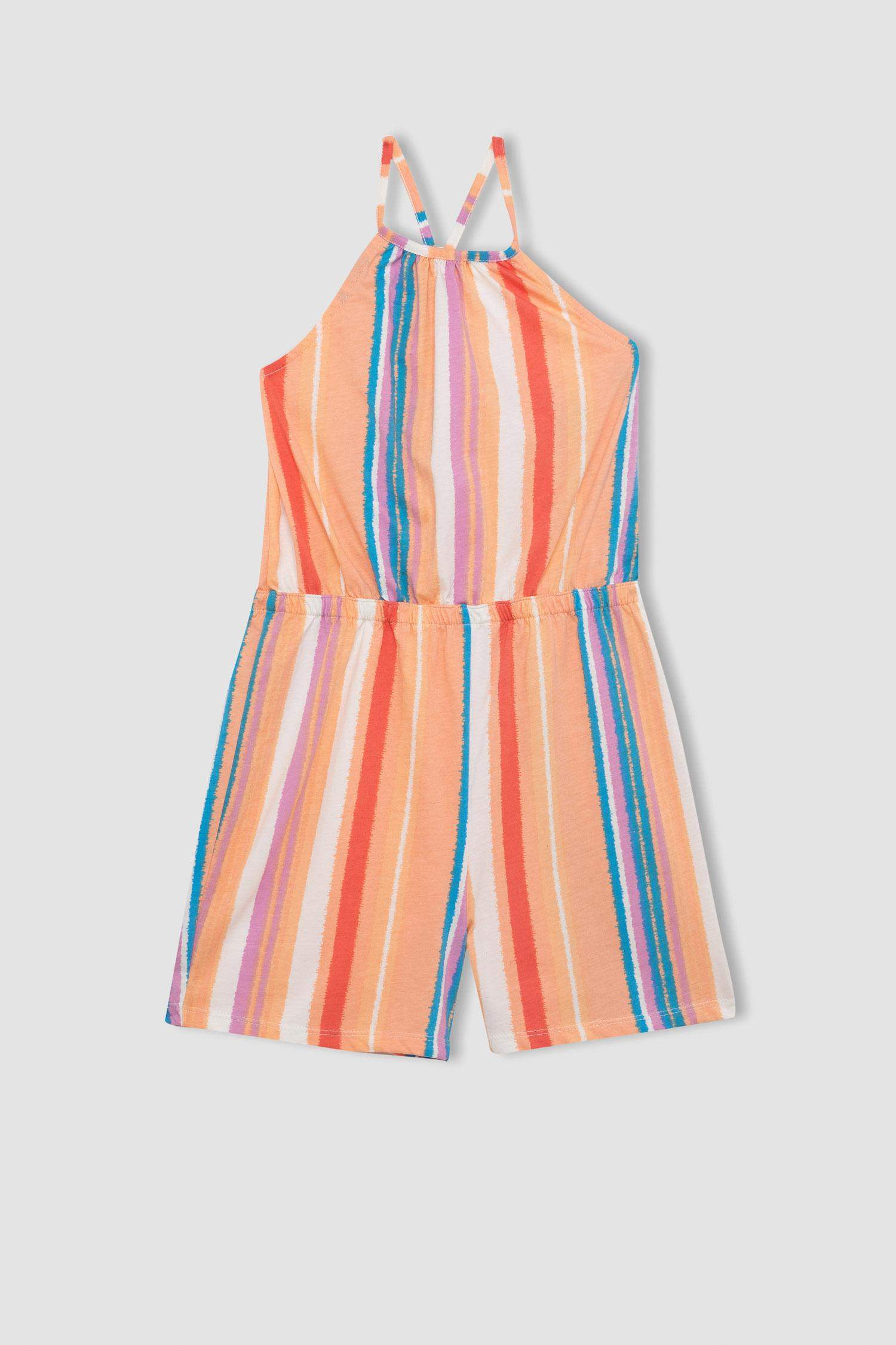 Girl Strappy Patterned Cotton Short Jumpsuit