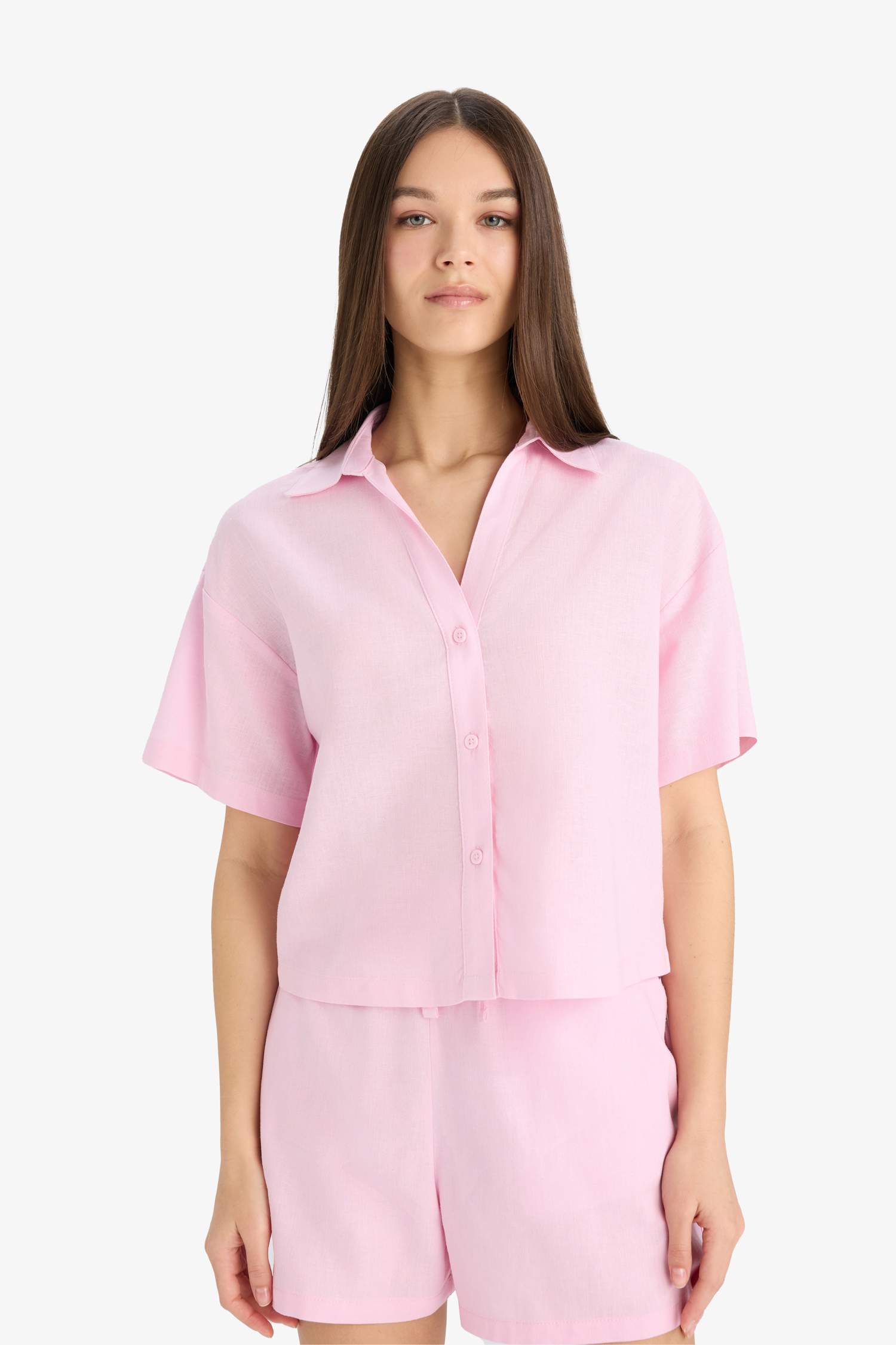 Oversize Fit Shirt Collar Linen Blended Short Sleeve Shirt