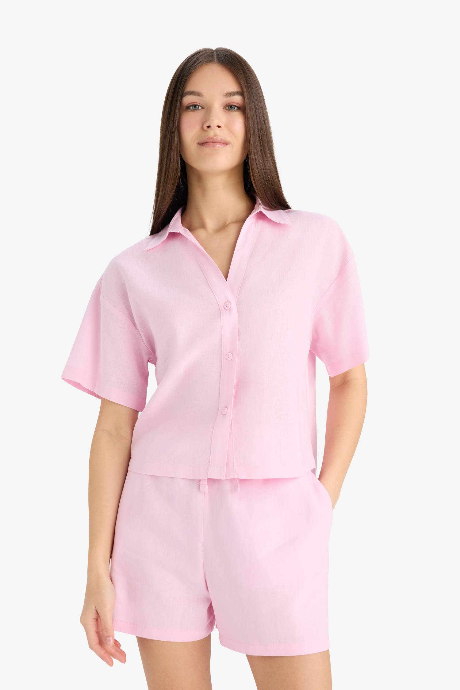 Oversize Fit Shirt Collar Linen Blended Short Sleeve Shirt