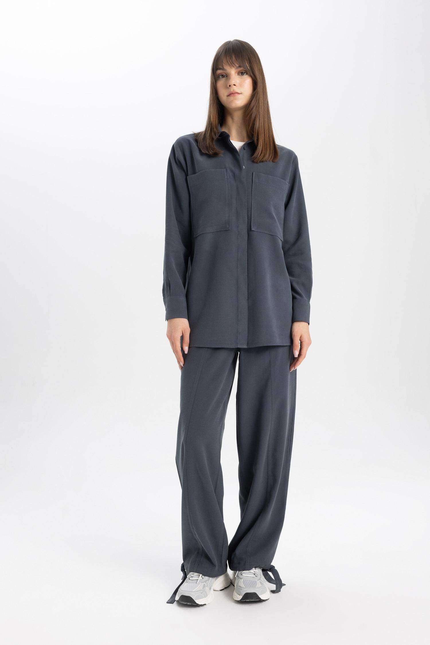 قميص طويل بوبلين كم طويل وقصة عادية