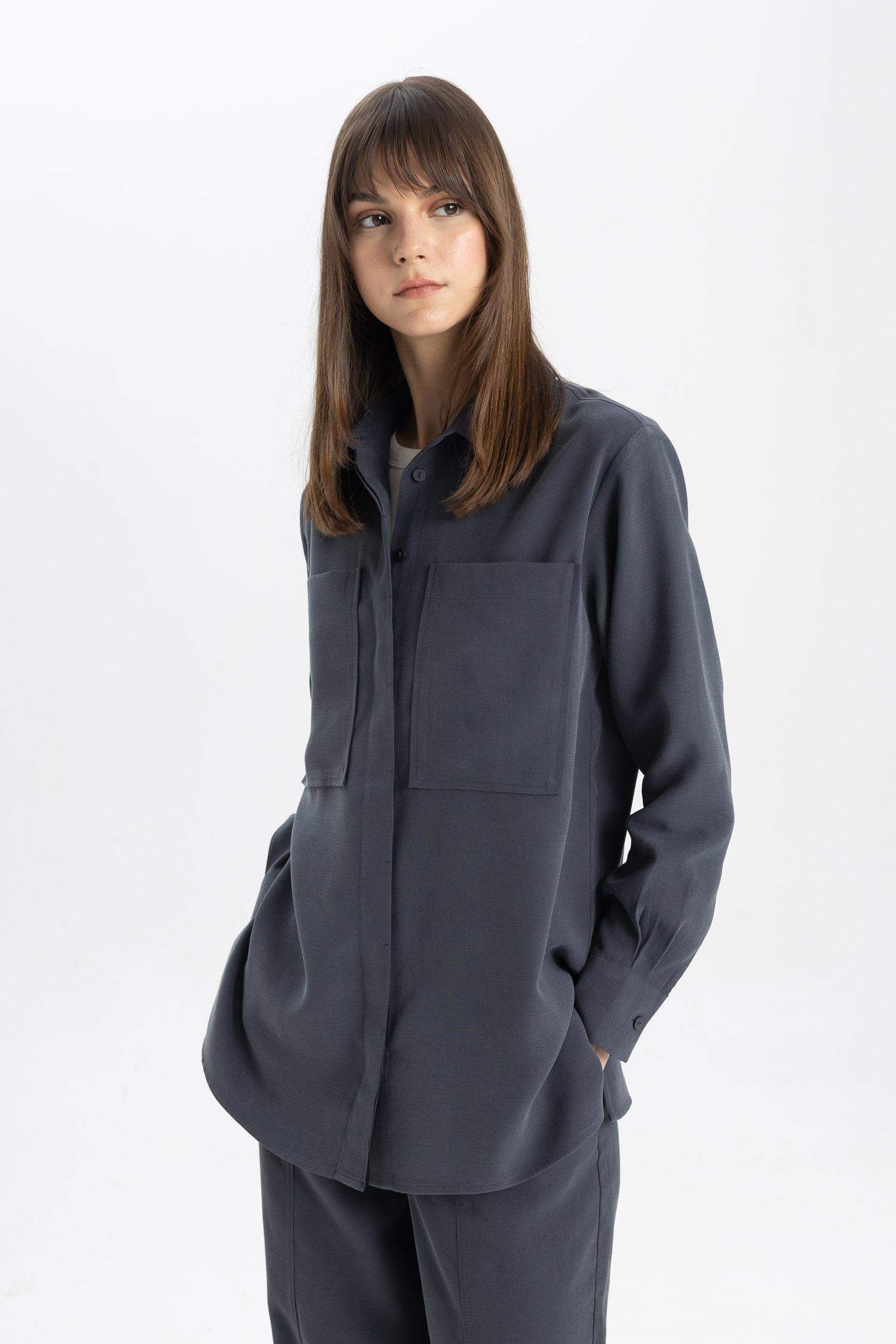 قميص طويل بوبلين كم طويل وقصة عادية