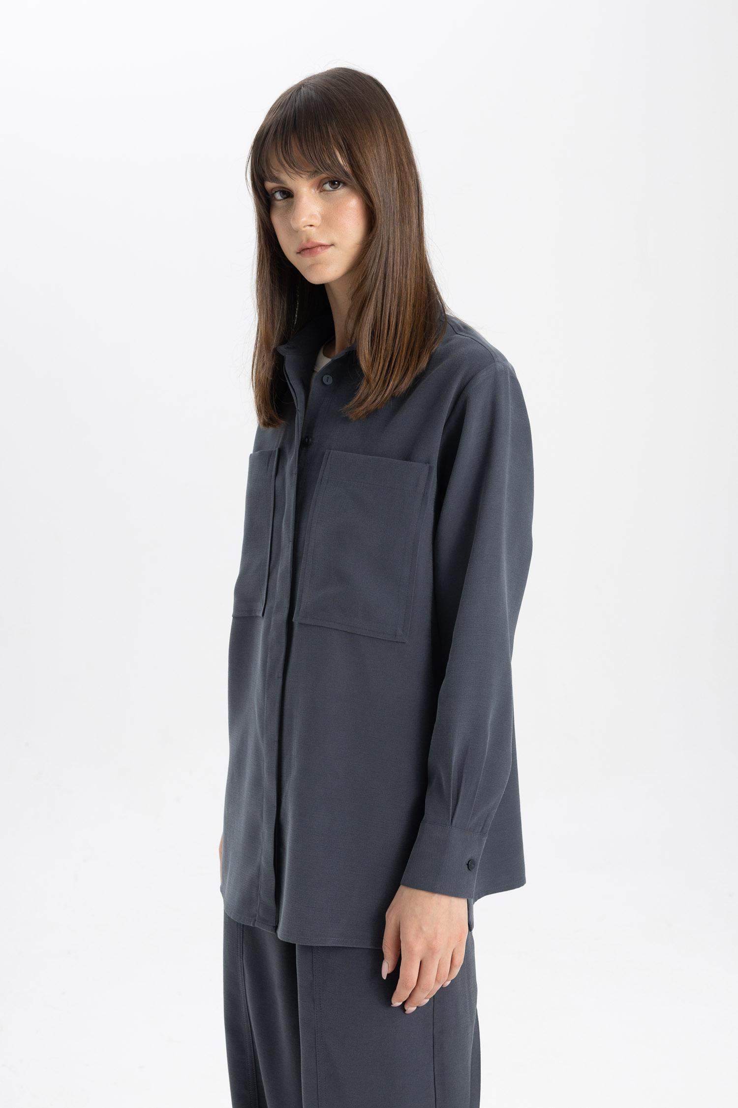 قميص طويل بوبلين كم طويل وقصة عادية