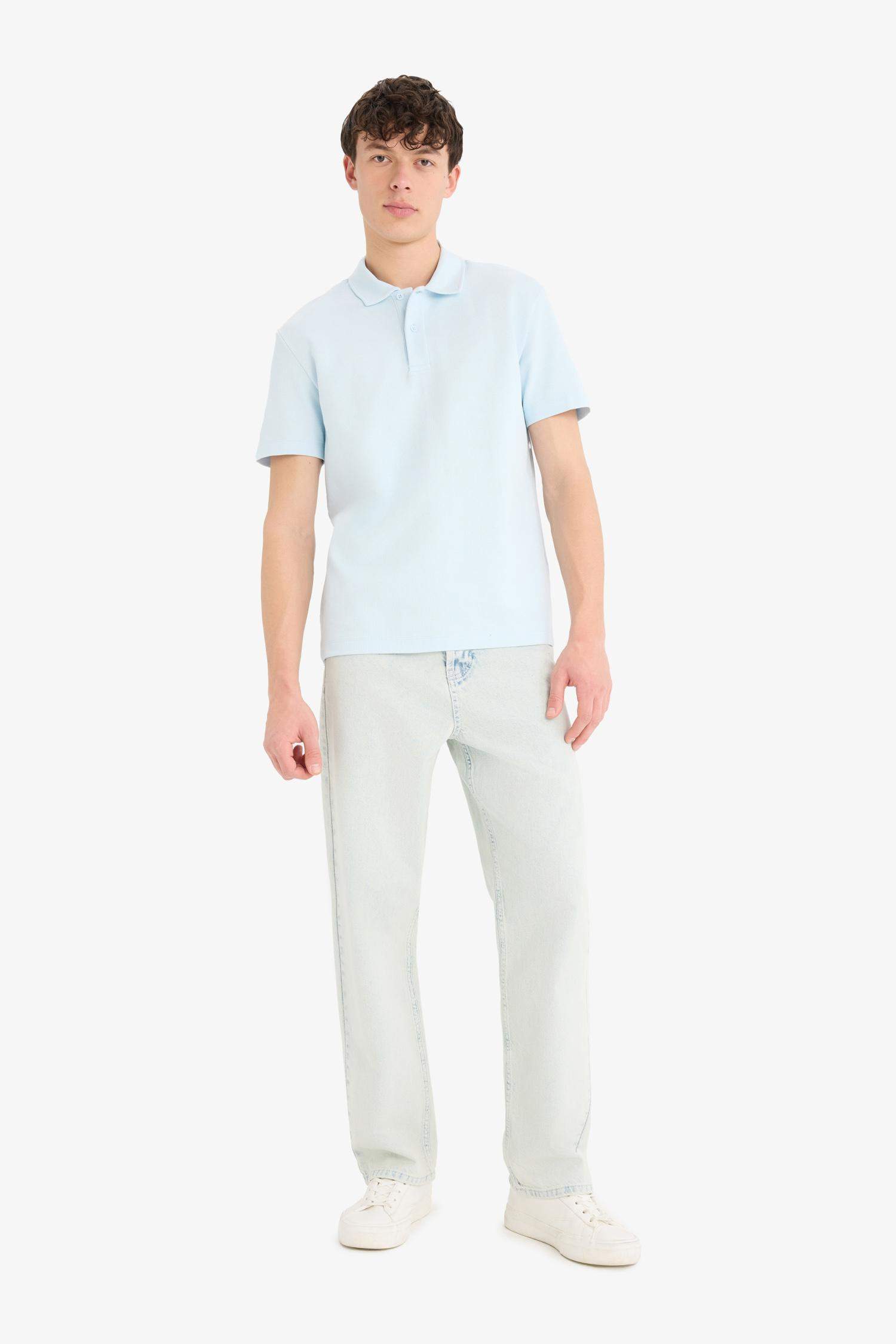 Regular Fit Polo Yaka Dokulu Basic Düz Kısa Kollu Tişört