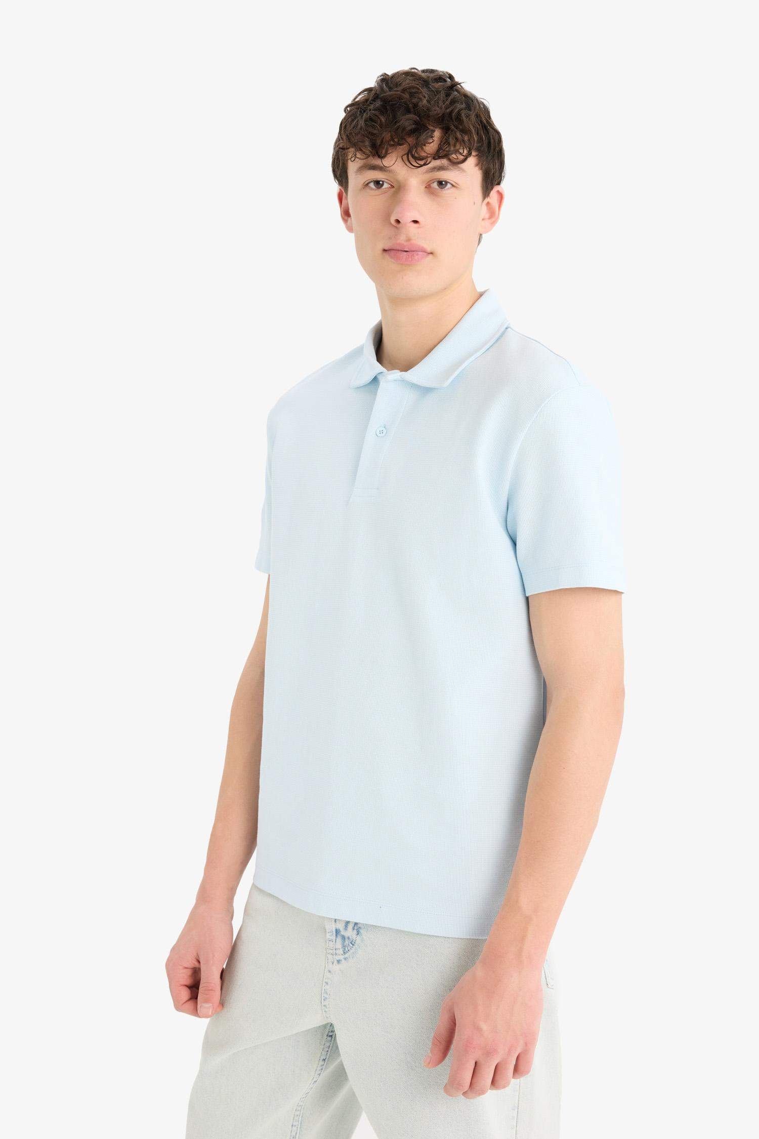 Regular Fit Polo Yaka Dokulu Basic Düz Kısa Kollu Tişört