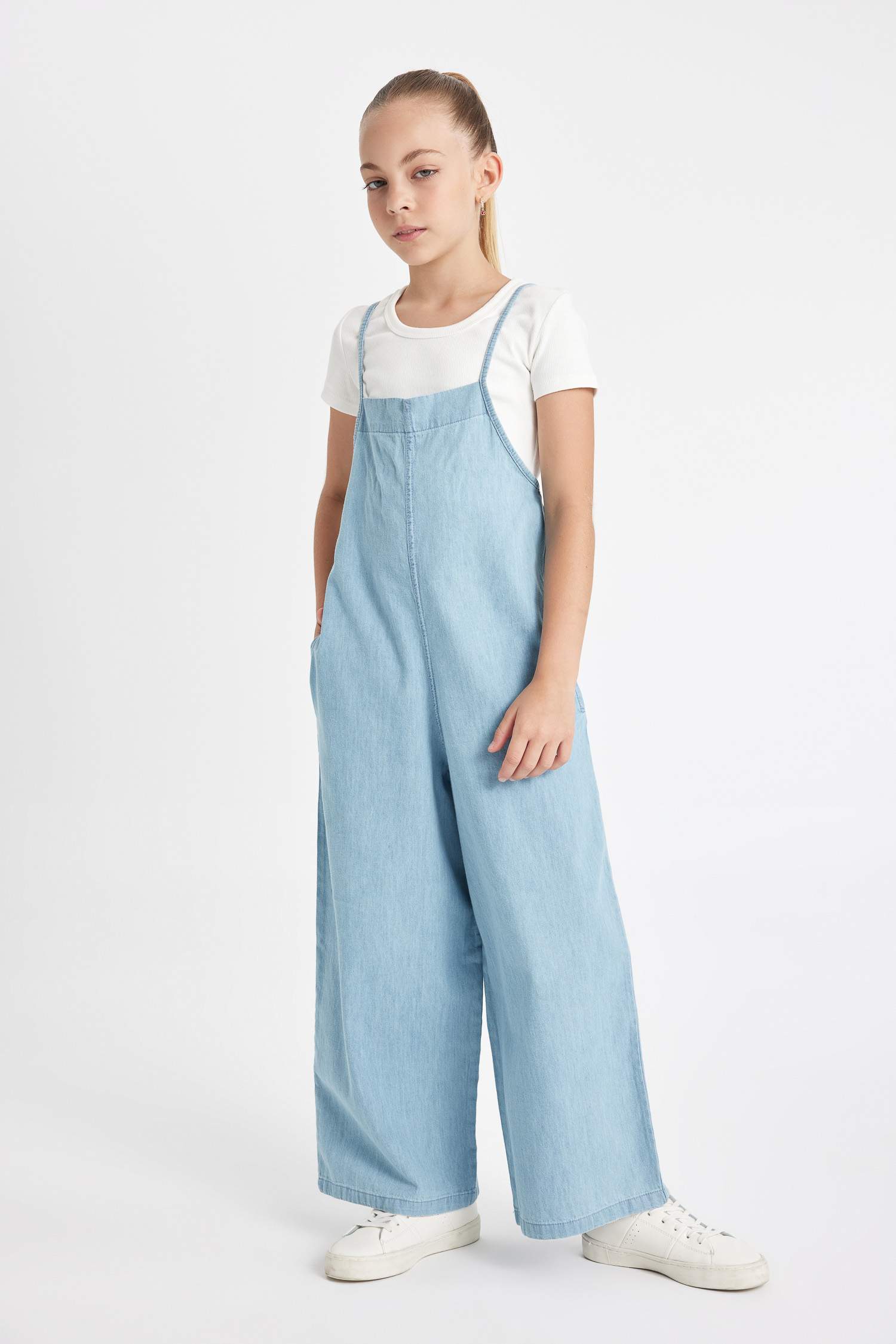 Girl Strappy Wide Leg Denim Jumpsuit