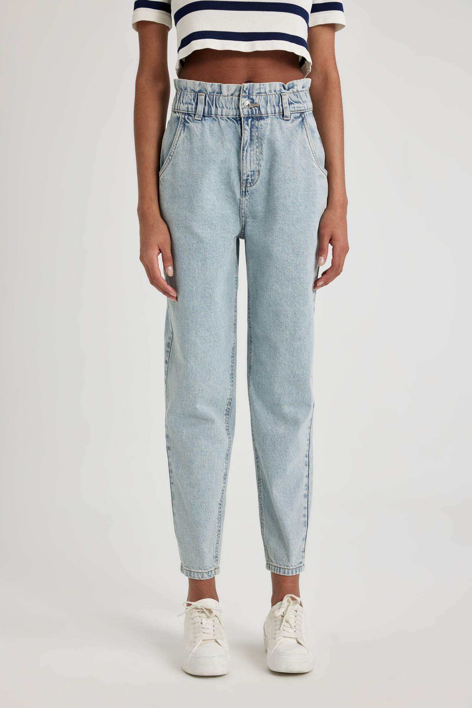 Pantalon Jean Paperbag Long délavé à Taille Haute