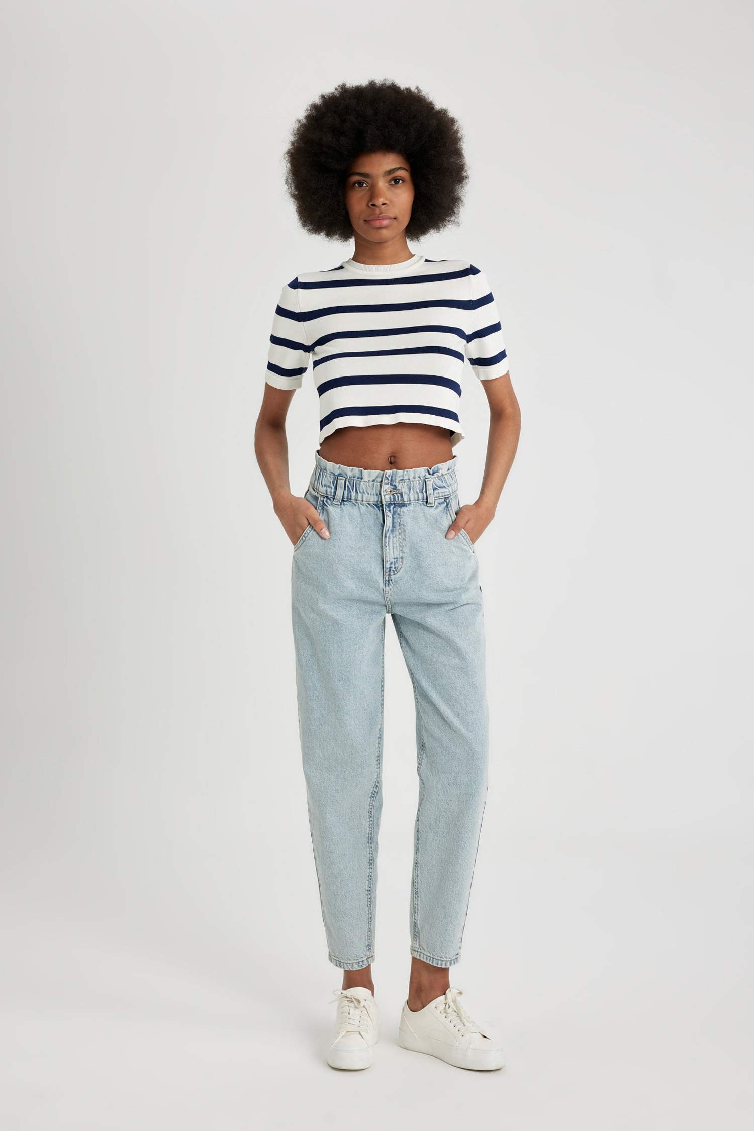 Pantalon Jean Paperbag Long délavé à Taille Haute