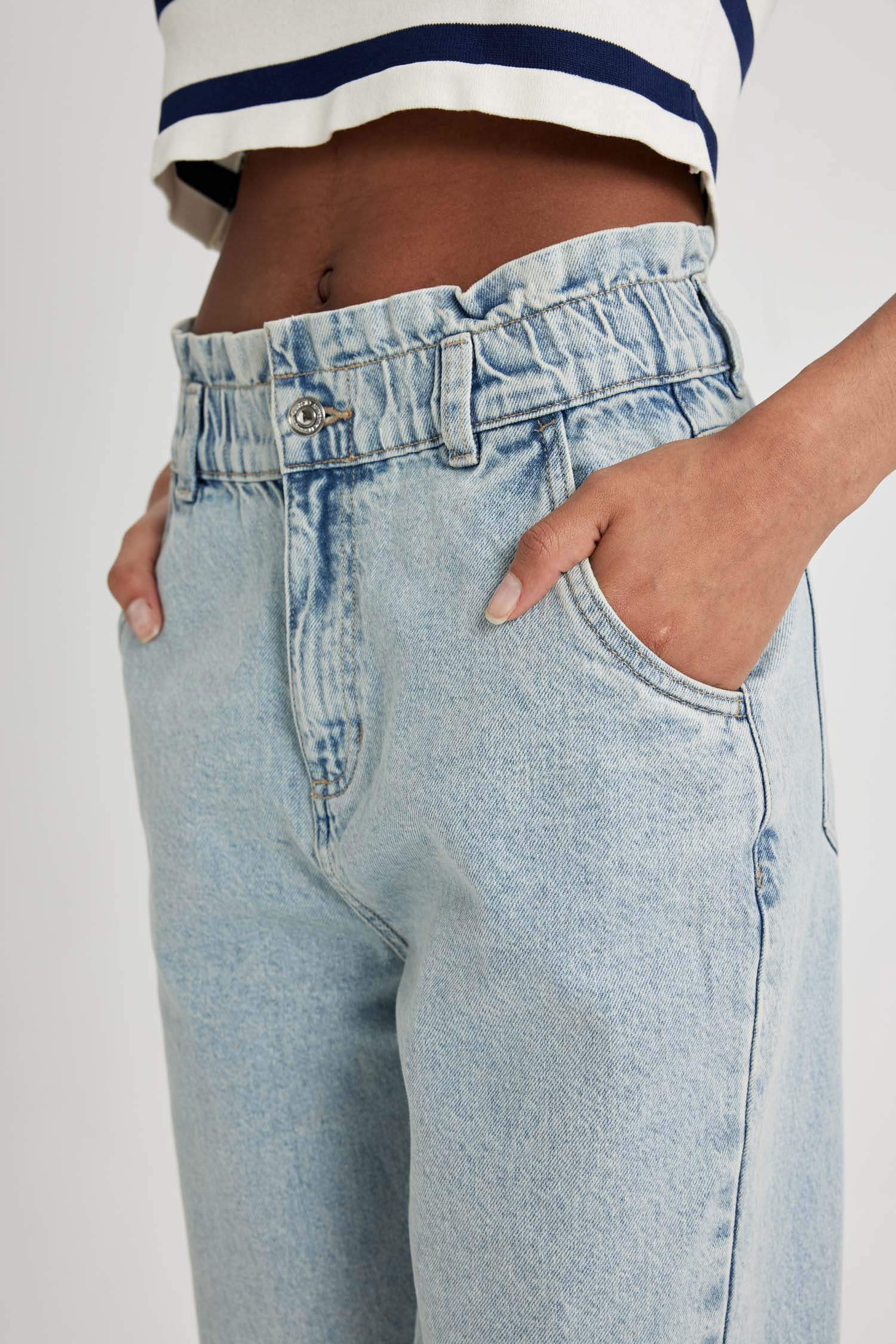 Pantalon Jean Paperbag Long délavé à Taille Haute