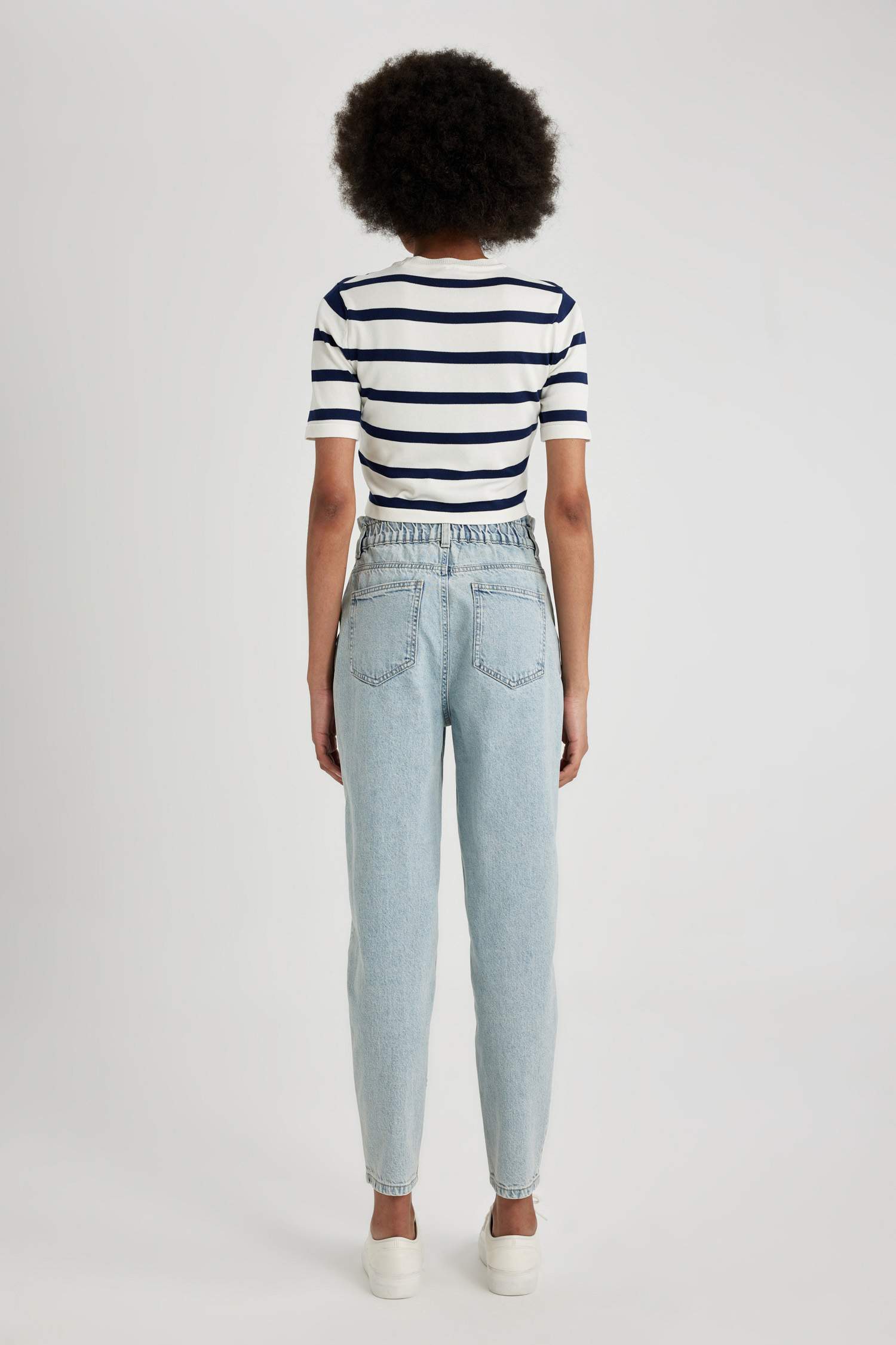 Pantalon Jean Paperbag Long délavé à Taille Haute