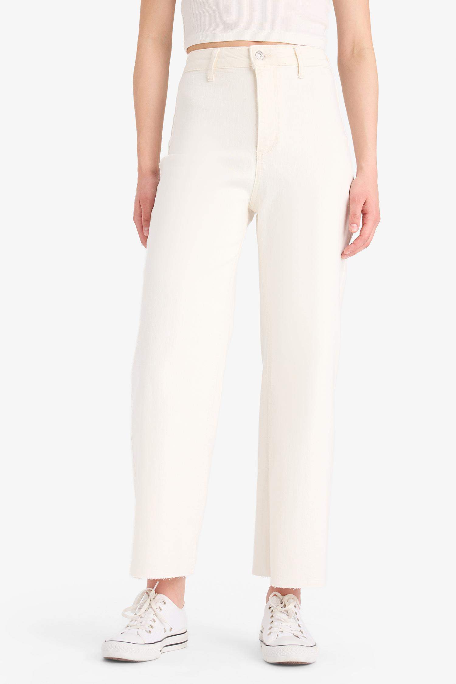 Culotte Yüksek Bel Paça Ucu Kesik Bilek Boy Beyaz Jean Pantolon