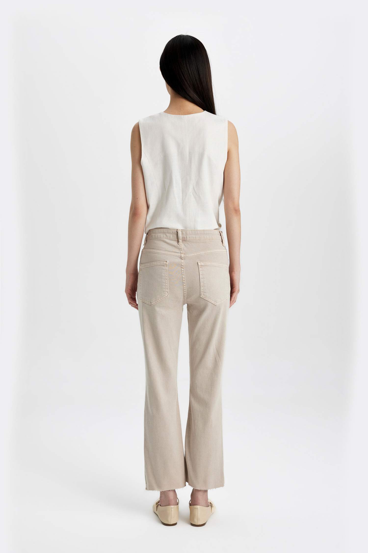 Crop Flare Fit Yüksek Bel Paça Ucu Kesik Dokuma Pantolon