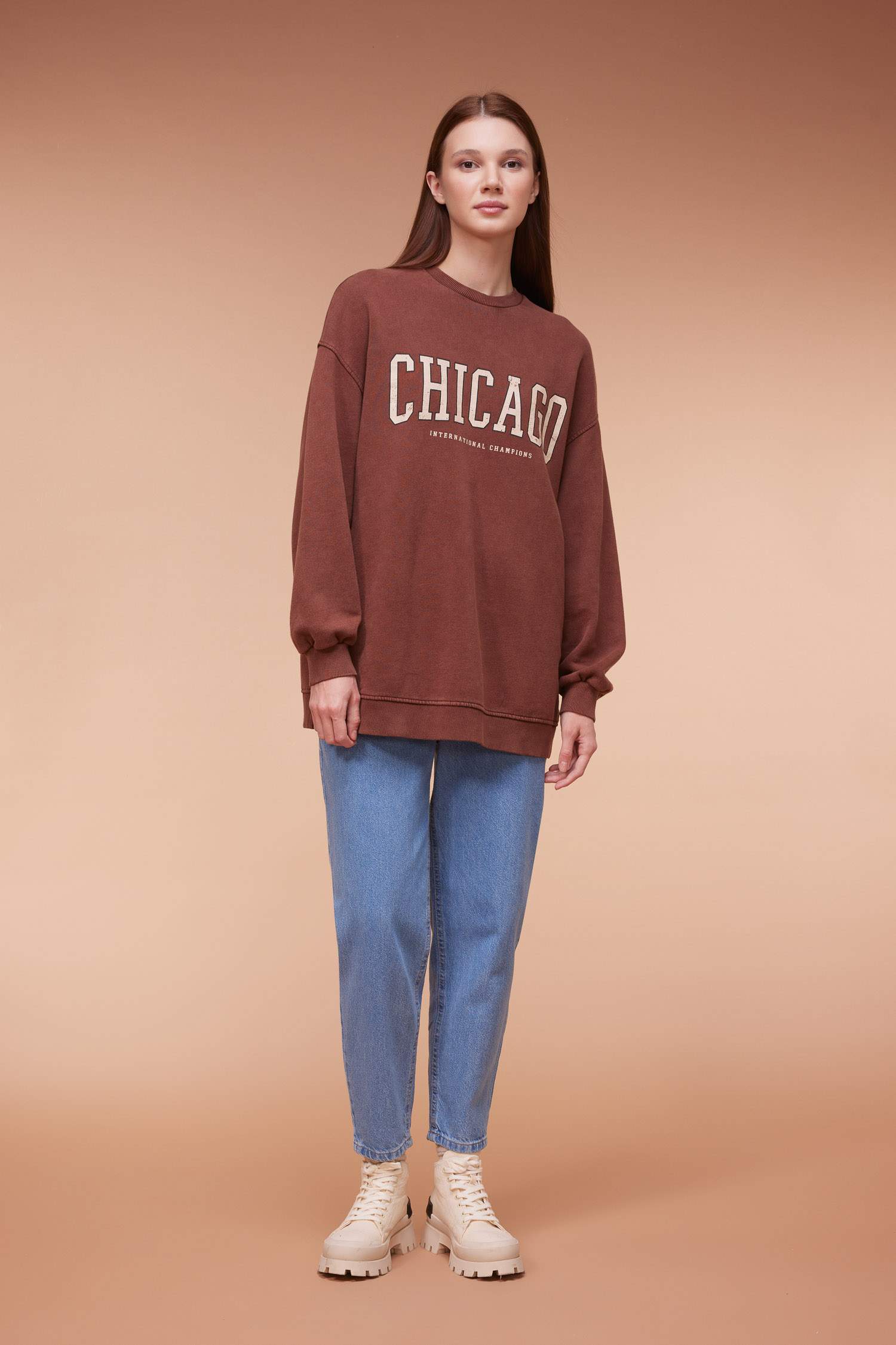 Bisiklet Yaka Baskılı İçi Yumuşak Tüylü Sweatshirt Tunik