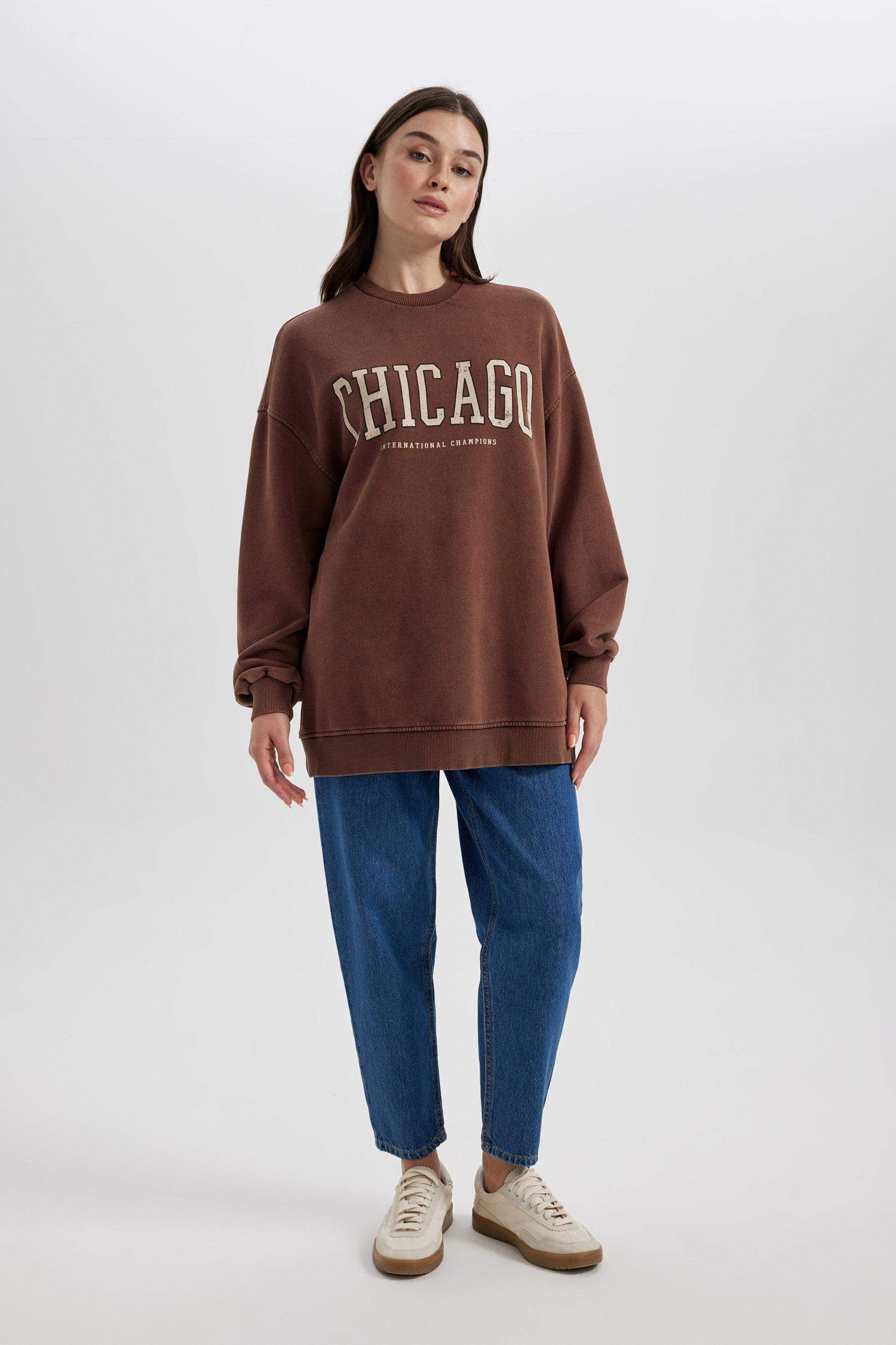 Bisiklet Yaka Baskılı İçi Yumuşak Tüylü Sweatshirt Tunik