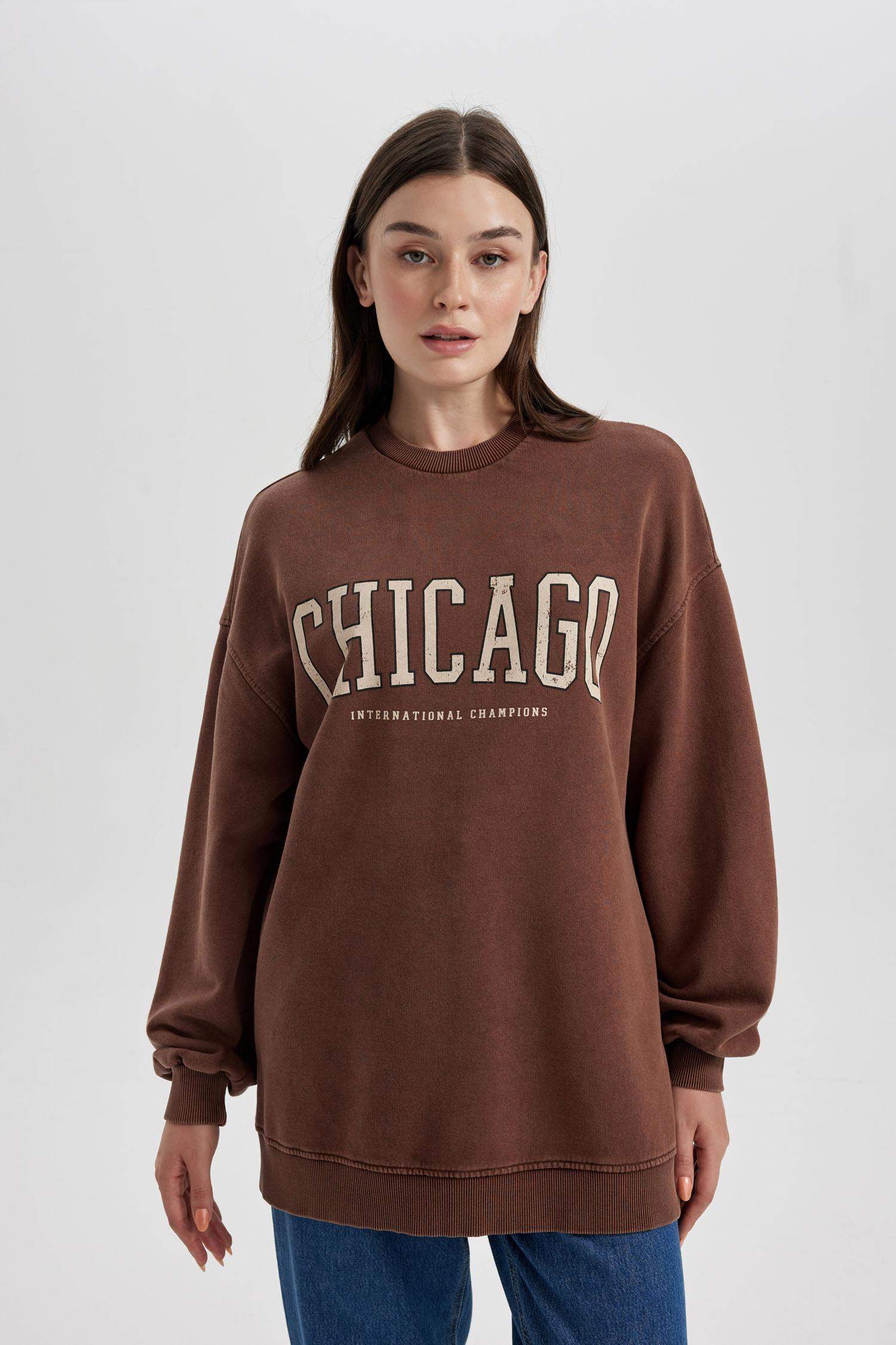 Bisiklet Yaka Baskılı İçi Yumuşak Tüylü Sweatshirt Tunik