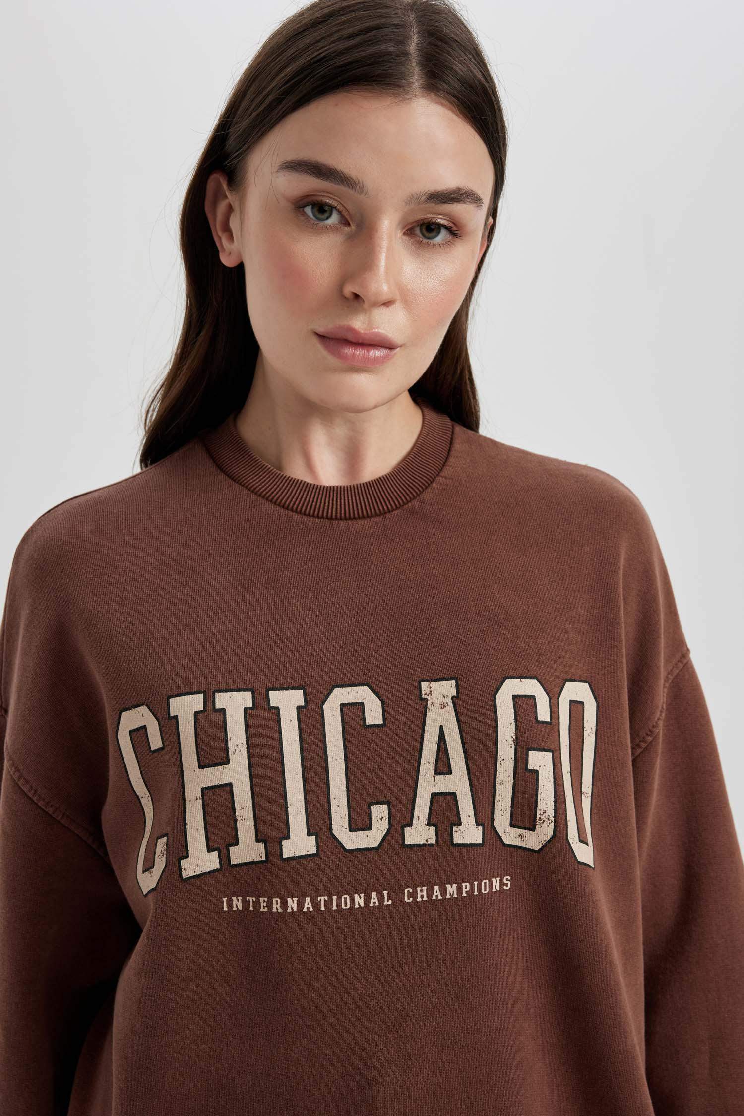 Bisiklet Yaka Baskılı İçi Yumuşak Tüylü Sweatshirt Tunik