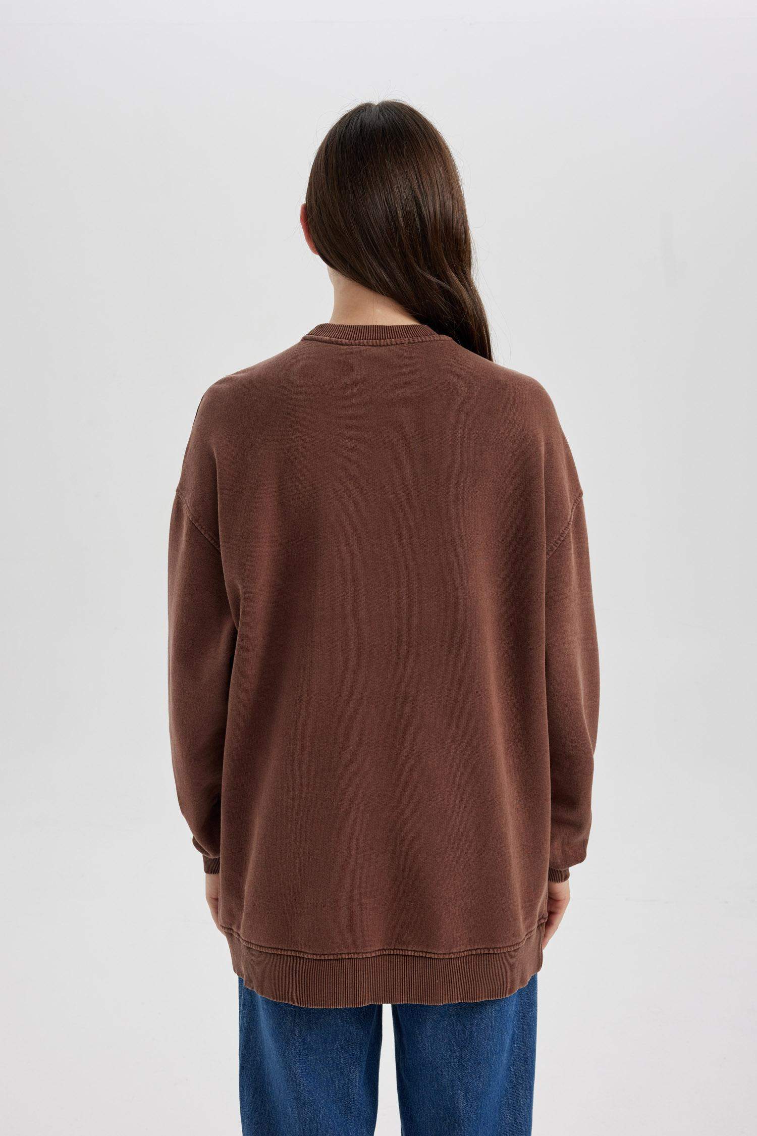 Bisiklet Yaka Baskılı İçi Yumuşak Tüylü Sweatshirt Tunik