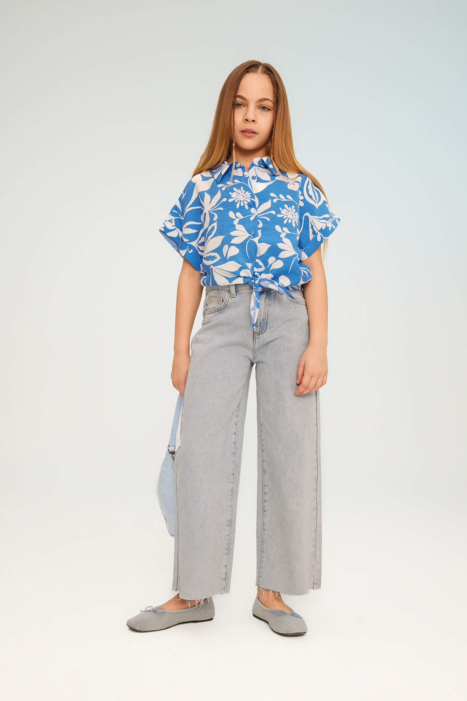 Kız Çocuk Crop Kısa Kollu Desenli Gömlek