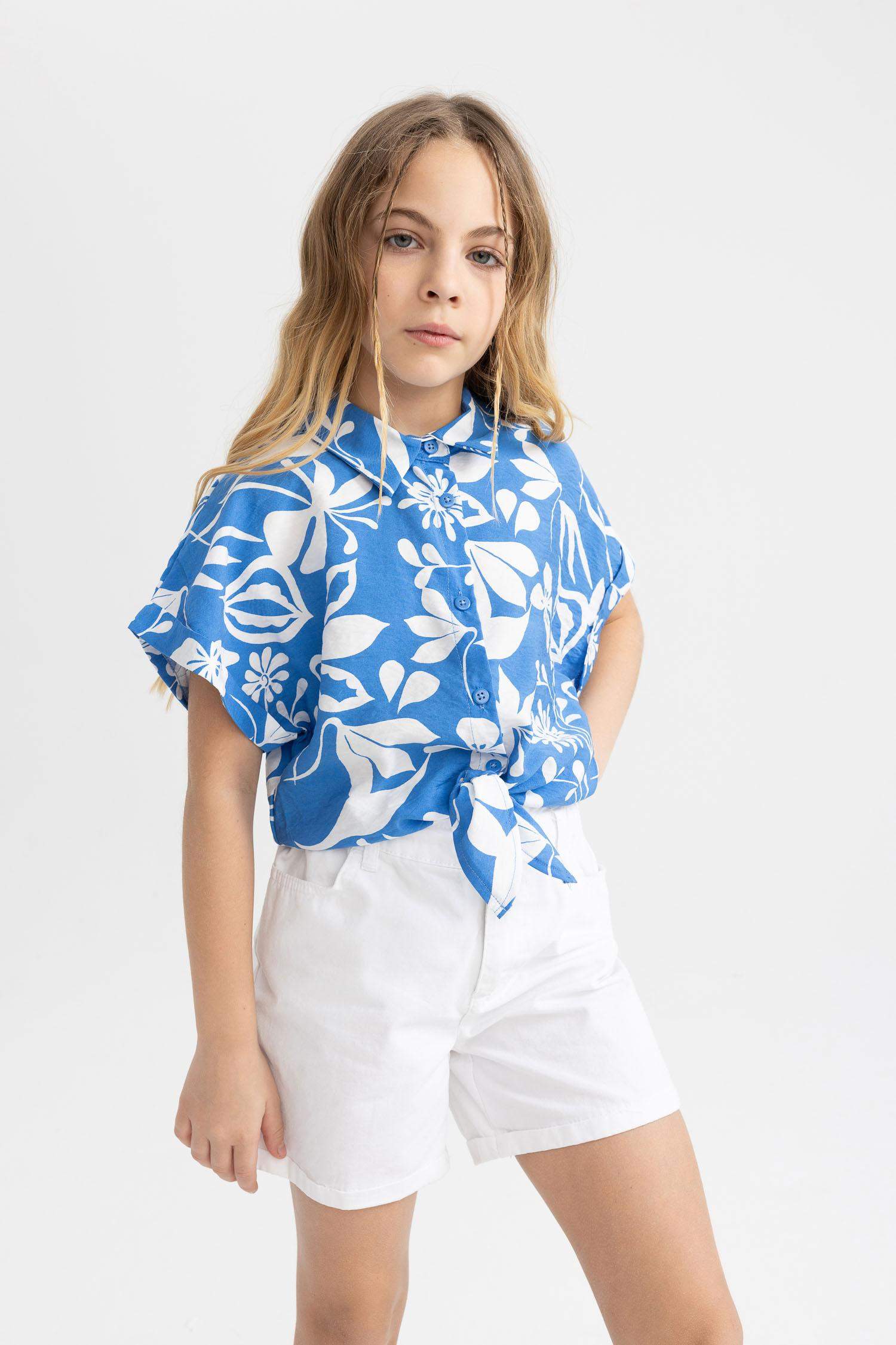 Kız Çocuk Crop Kısa Kollu Desenli Gömlek