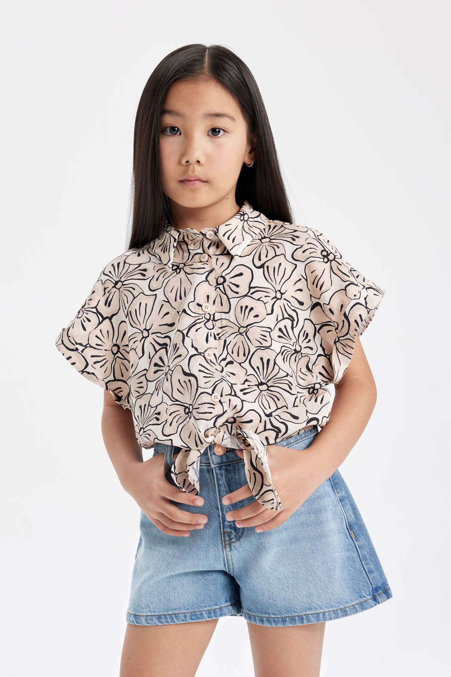 قميص كروب بناتي نص كم منقوش