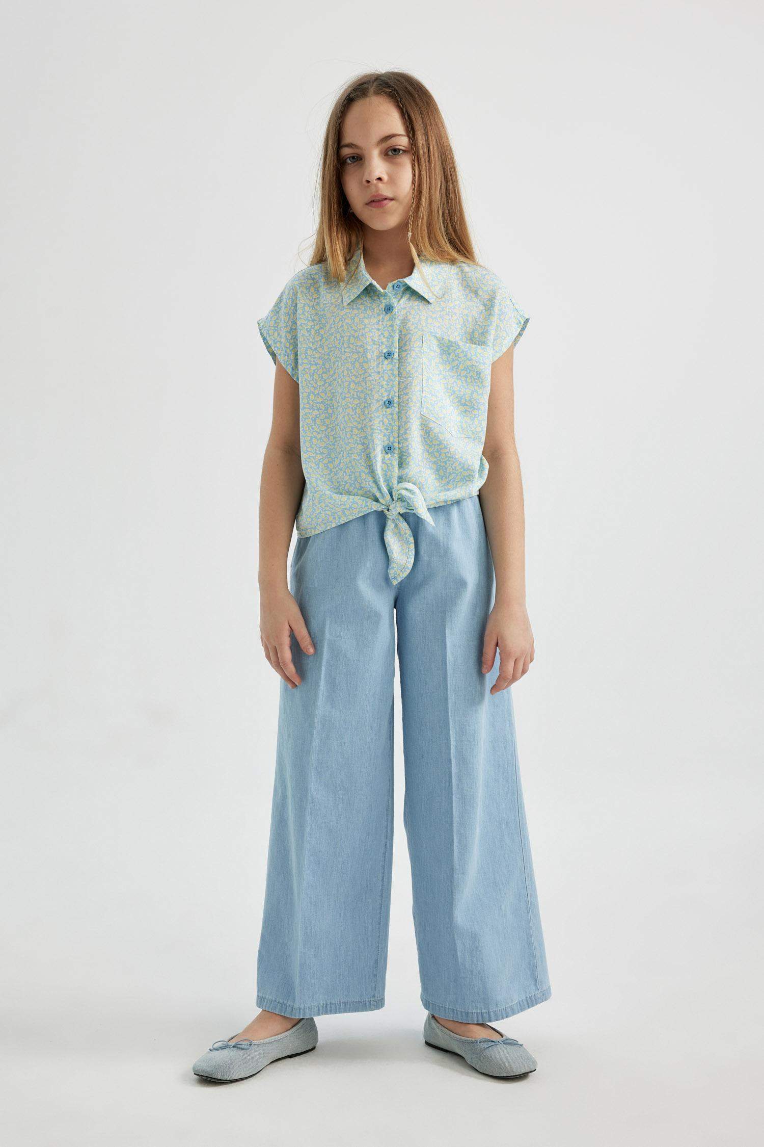 Kız Çocuk Crop Desenli Kısa Kollu Gömlek