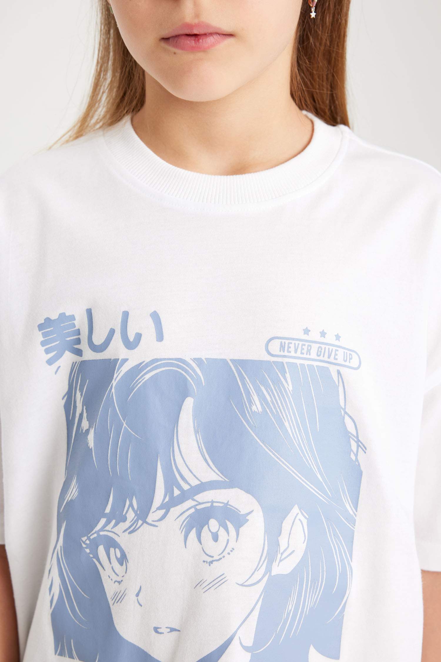 Kız Çocuk Oversize Geniş Kalıp Bisiklet Yaka Baskılı Kısa Kollu Tişört