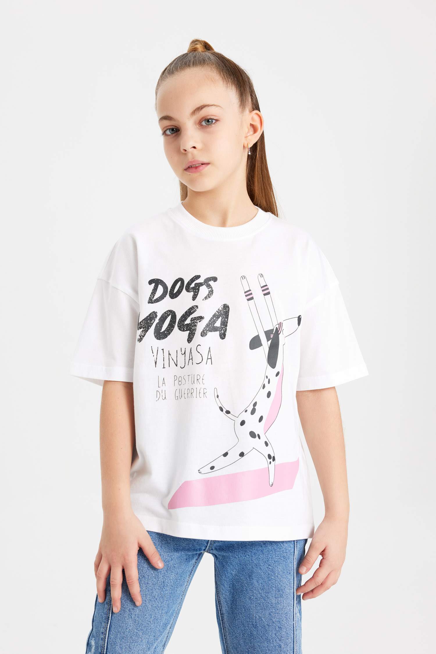 Kız Çocuk Oversize Geniş Kalıp Bisiklet Yaka Baskılı Kısa Kollu Tişört