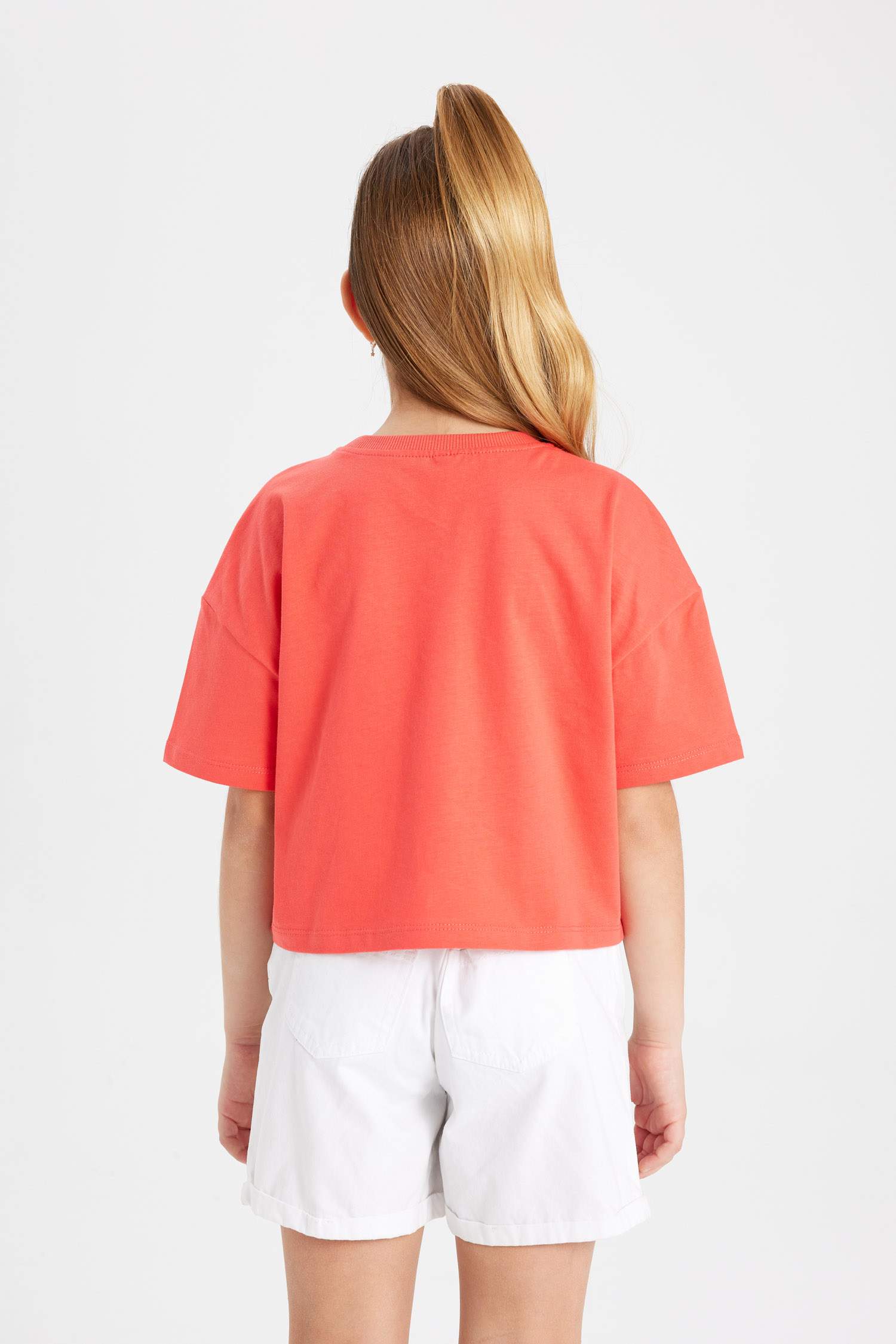 Kız Çocuk Bisiklet Yaka Baskılı Kısa Kollu Tişört