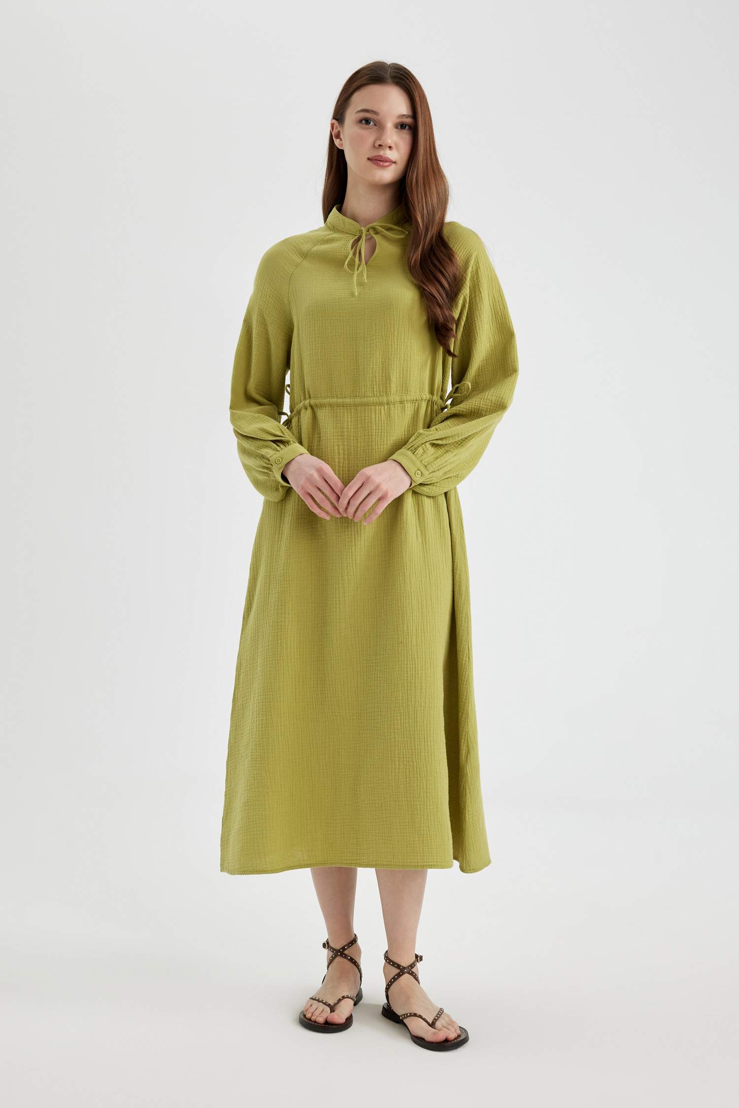 Green Woman Regular Fit Crew Neck Muslin Long Sleeve Dress 3049145